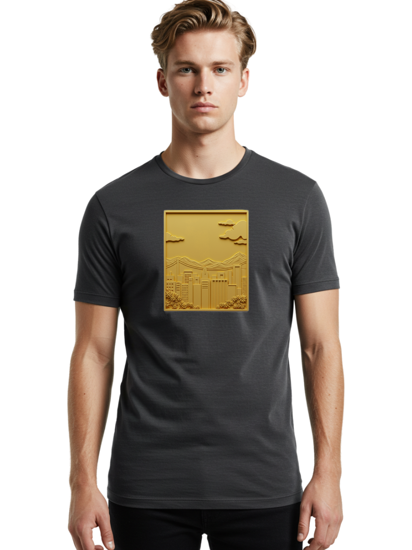 Cityscape Men'S Graphic Tee, 100% Cotton, Comfortable Casual Summer Wear, Machine Washable, Cityscape, Urban Landscape, Modern Architecture, Skyscrapers, Mountains, Clouds, 3D Artwork, Decorative Panel, Gold Tone, City View, Bab760