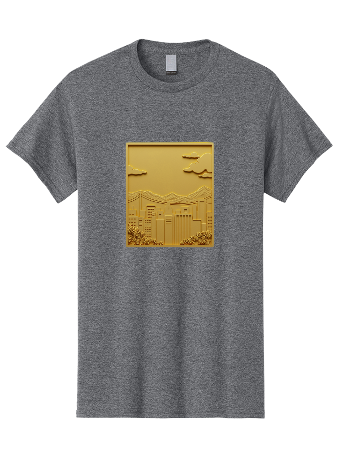 Cityscape Men'S Graphic Tee, 100% Cotton, Comfortable Casual Summer Wear, Machine Washable, Cityscape, Urban Landscape, Modern Architecture, Skyscrapers, Mountains, Clouds, 3D Artwork, Decorative Panel, Gold Tone, City View, Bab760