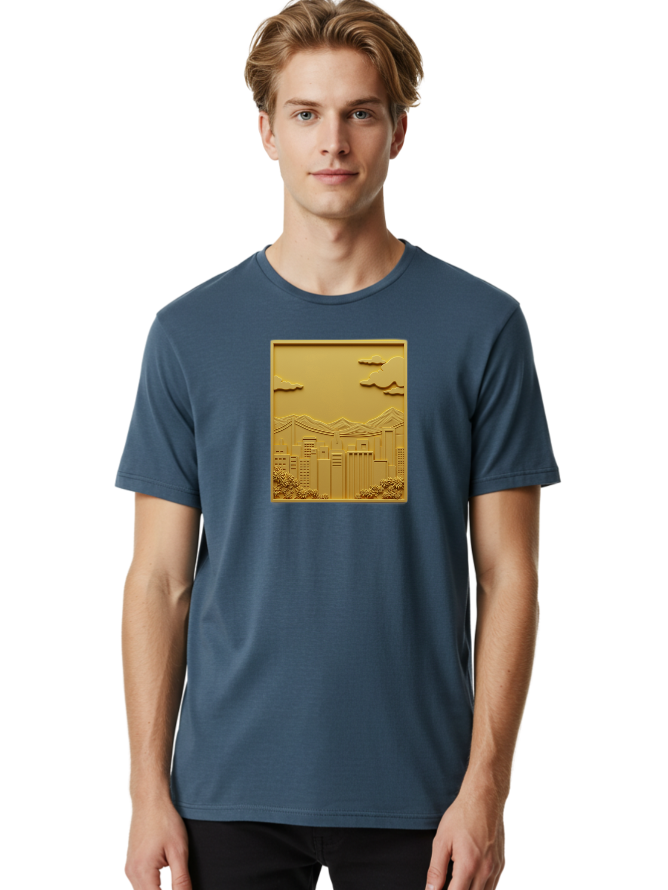 Cityscape Men'S Graphic Tee, 100% Cotton, Comfortable Casual Summer Wear, Machine Washable, Cityscape, Urban Landscape, Modern Architecture, Skyscrapers, Mountains, Clouds, 3D Artwork, Decorative Panel, Gold Tone, City View, Bab760