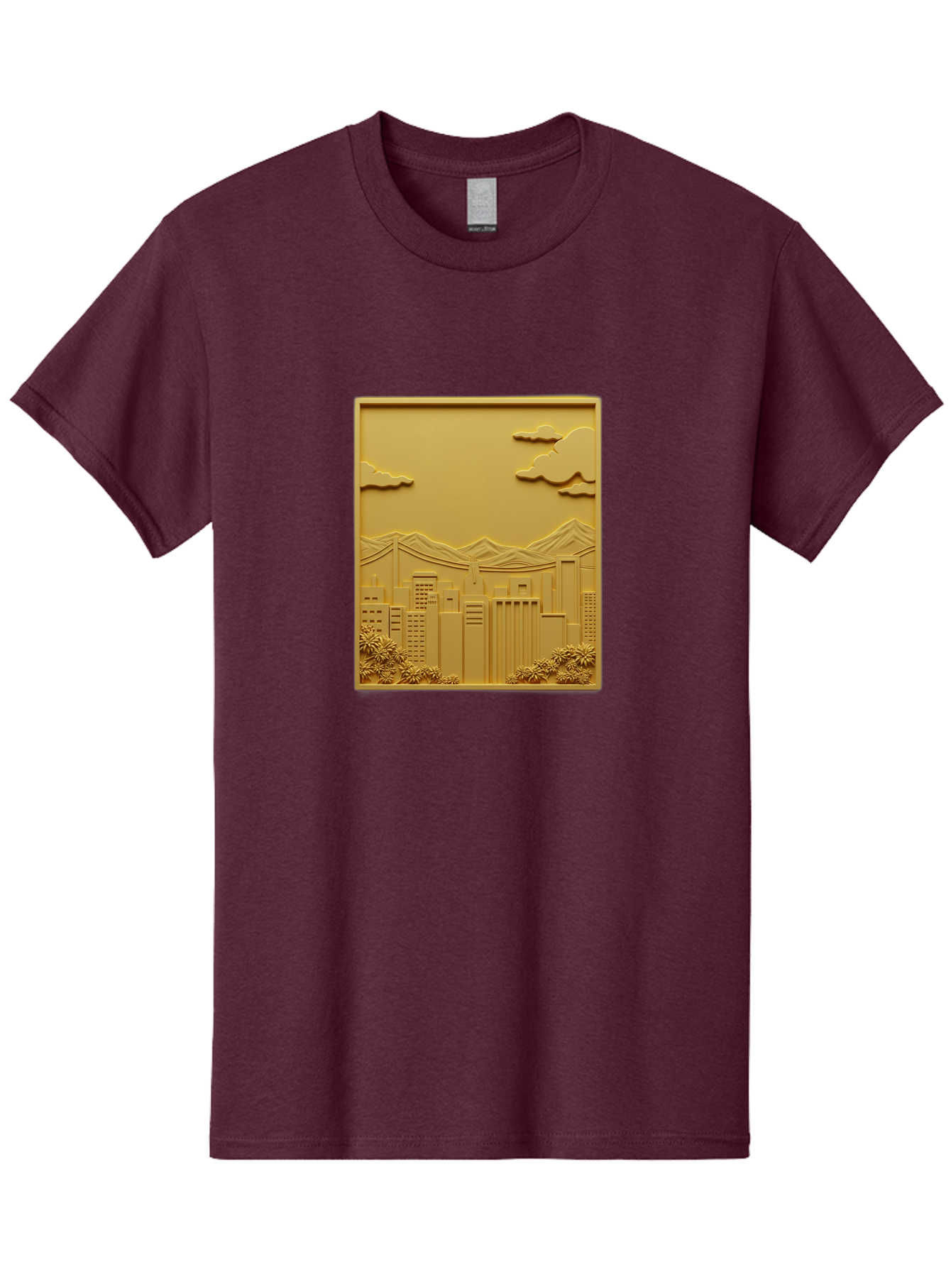 Cityscape Men'S Graphic Tee, 100% Cotton, Comfortable Casual Summer Wear, Machine Washable, Cityscape, Urban Landscape, Modern Architecture, Skyscrapers, Mountains, Clouds, 3D Artwork, Decorative Panel, Gold Tone, City View, Bab760