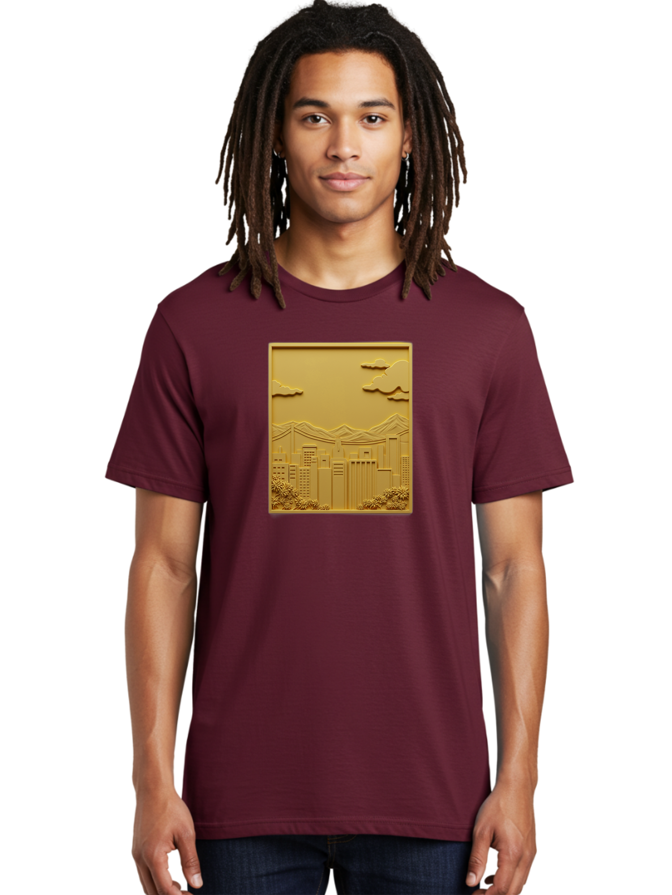 Cityscape Men'S Graphic Tee, 100% Cotton, Comfortable Casual Summer Wear, Machine Washable, Cityscape, Urban Landscape, Modern Architecture, Skyscrapers, Mountains, Clouds, 3D Artwork, Decorative Panel, Gold Tone, City View, Bab760