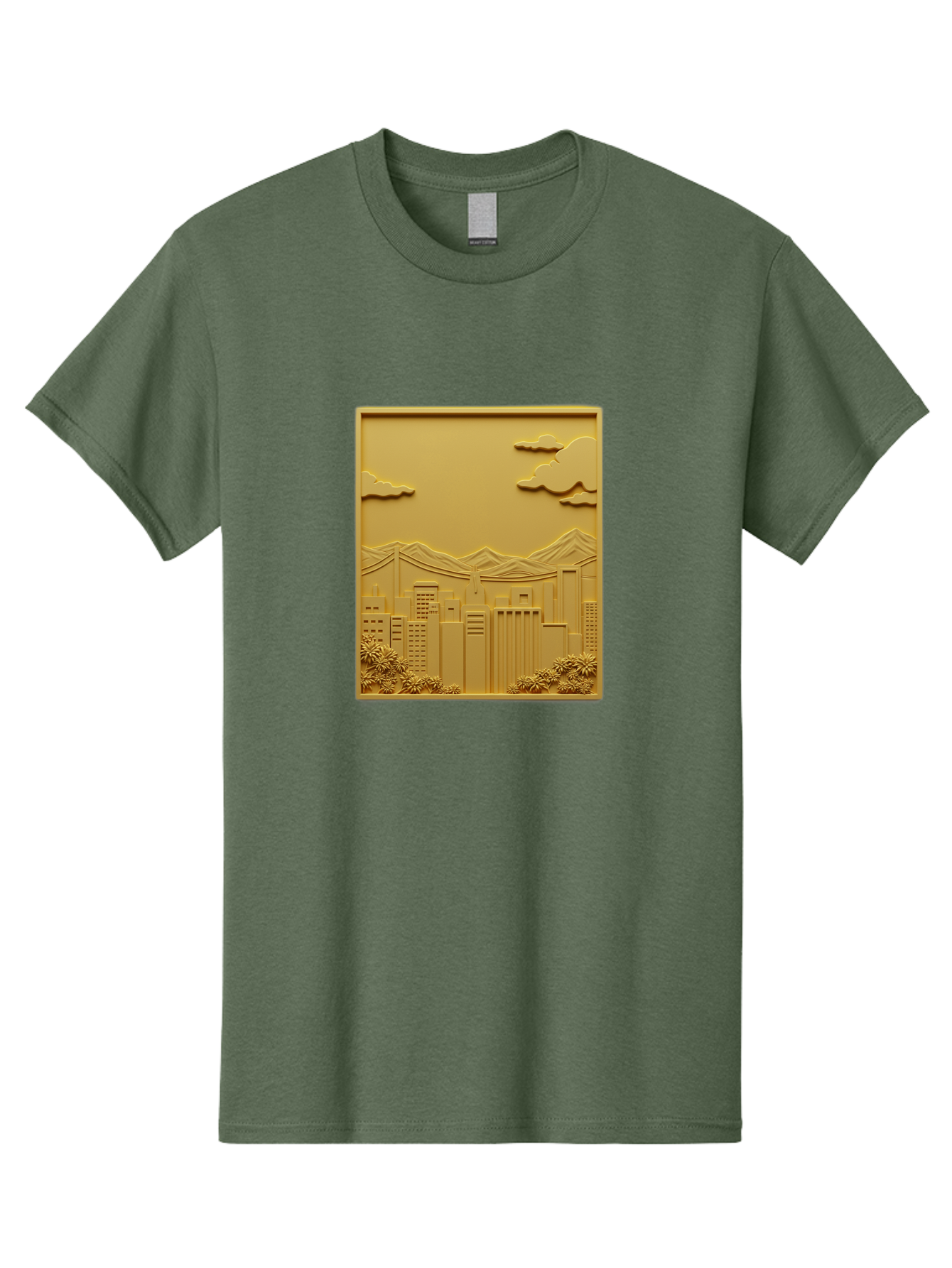 Cityscape Men'S Graphic Tee, 100% Cotton, Comfortable Casual Summer Wear, Machine Washable, Cityscape, Urban Landscape, Modern Architecture, Skyscrapers, Mountains, Clouds, 3D Artwork, Decorative Panel, Gold Tone, City View, Bab760