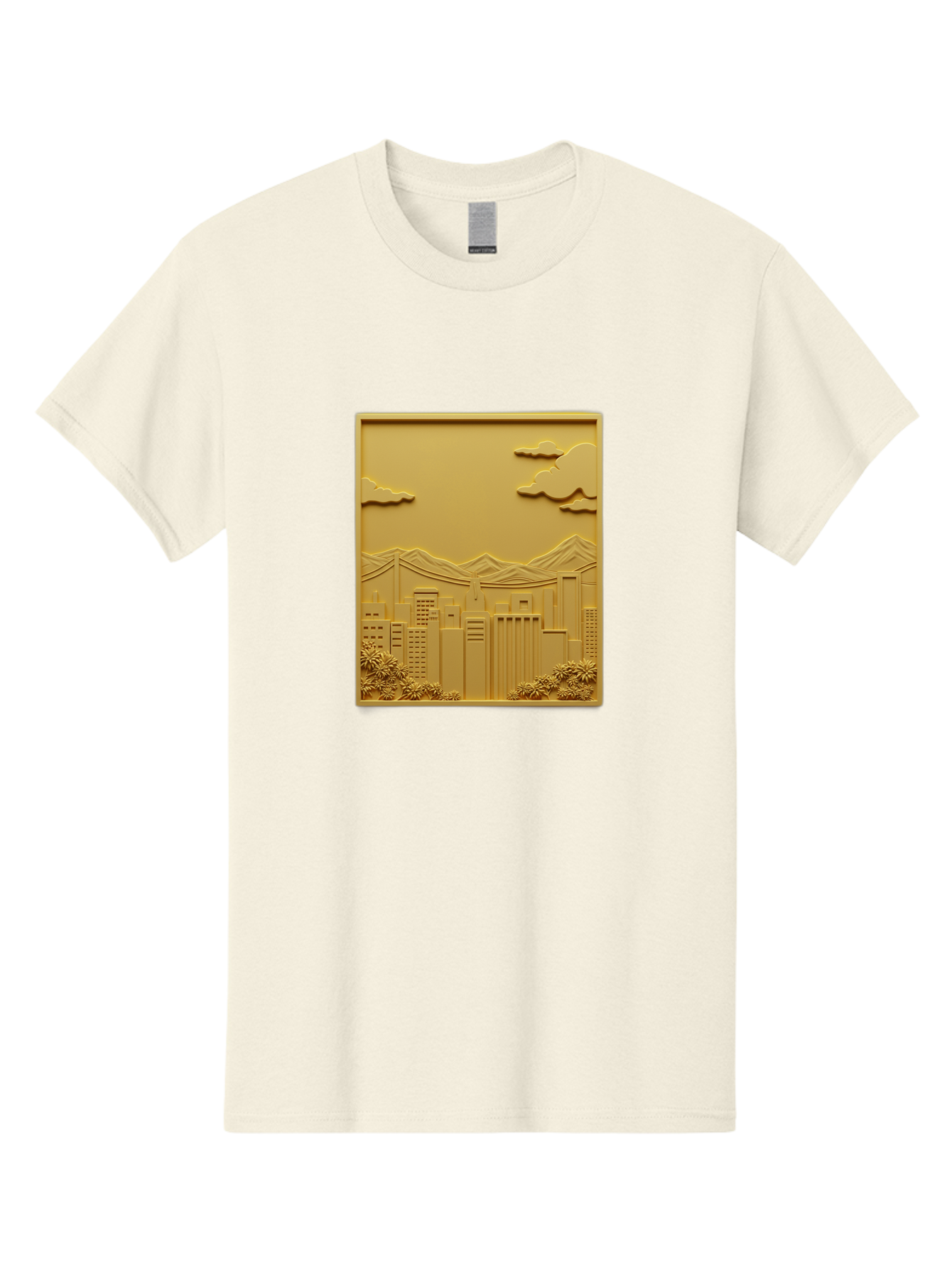 Cityscape Men'S Graphic Tee, 100% Cotton, Comfortable Casual Summer Wear, Machine Washable, Cityscape, Urban Landscape, Modern Architecture, Skyscrapers, Mountains, Clouds, 3D Artwork, Decorative Panel, Gold Tone, City View, Bab760