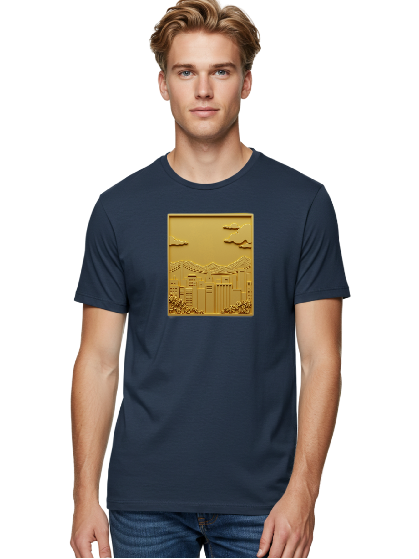 Cityscape Men'S Graphic Tee, 100% Cotton, Comfortable Casual Summer Wear, Machine Washable, Cityscape, Urban Landscape, Modern Architecture, Skyscrapers, Mountains, Clouds, 3D Artwork, Decorative Panel, Gold Tone, City View, Bab760