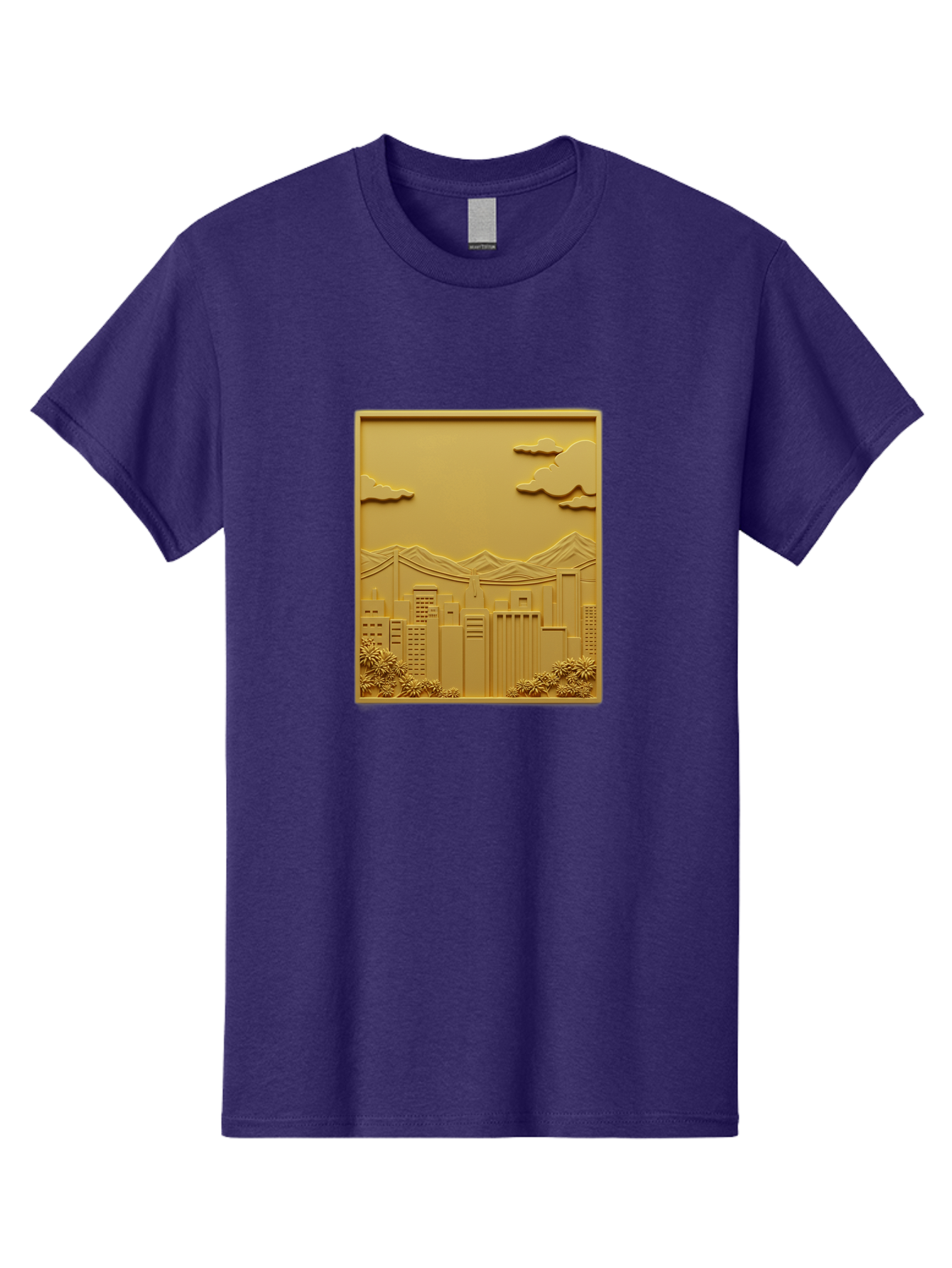 Cityscape Men'S Graphic Tee, 100% Cotton, Comfortable Casual Summer Wear, Machine Washable, Cityscape, Urban Landscape, Modern Architecture, Skyscrapers, Mountains, Clouds, 3D Artwork, Decorative Panel, Gold Tone, City View, Bab760