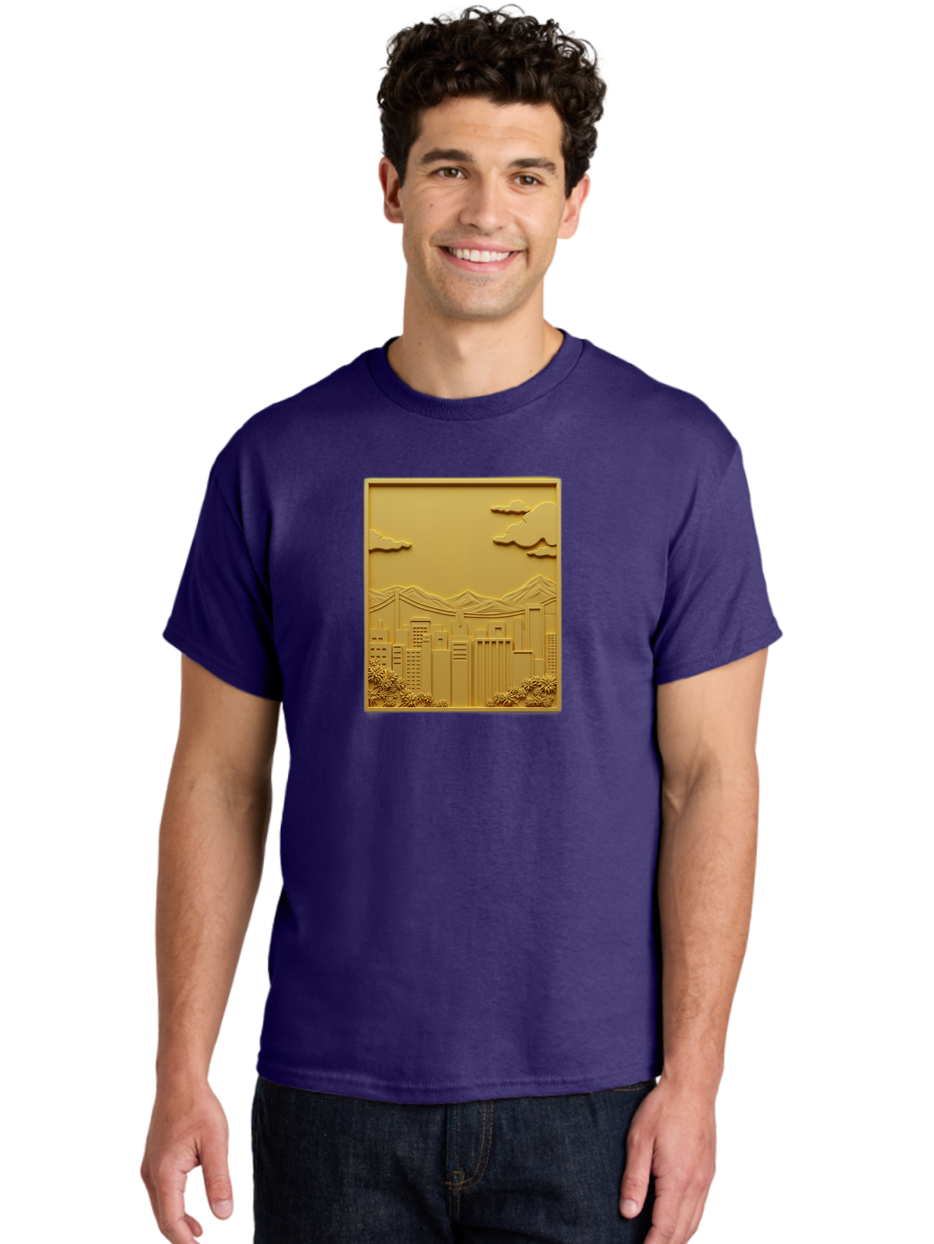 Cityscape Men'S Graphic Tee, 100% Cotton, Comfortable Casual Summer Wear, Machine Washable, Cityscape, Urban Landscape, Modern Architecture, Skyscrapers, Mountains, Clouds, 3D Artwork, Decorative Panel, Gold Tone, City View, Bab760