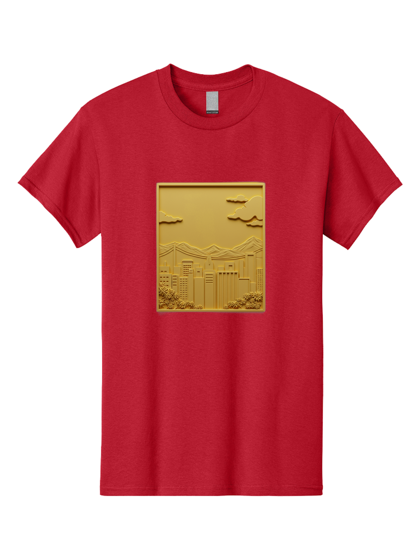 Cityscape Men'S Graphic Tee, 100% Cotton, Comfortable Casual Summer Wear, Machine Washable, Cityscape, Urban Landscape, Modern Architecture, Skyscrapers, Mountains, Clouds, 3D Artwork, Decorative Panel, Gold Tone, City View, Bab760
