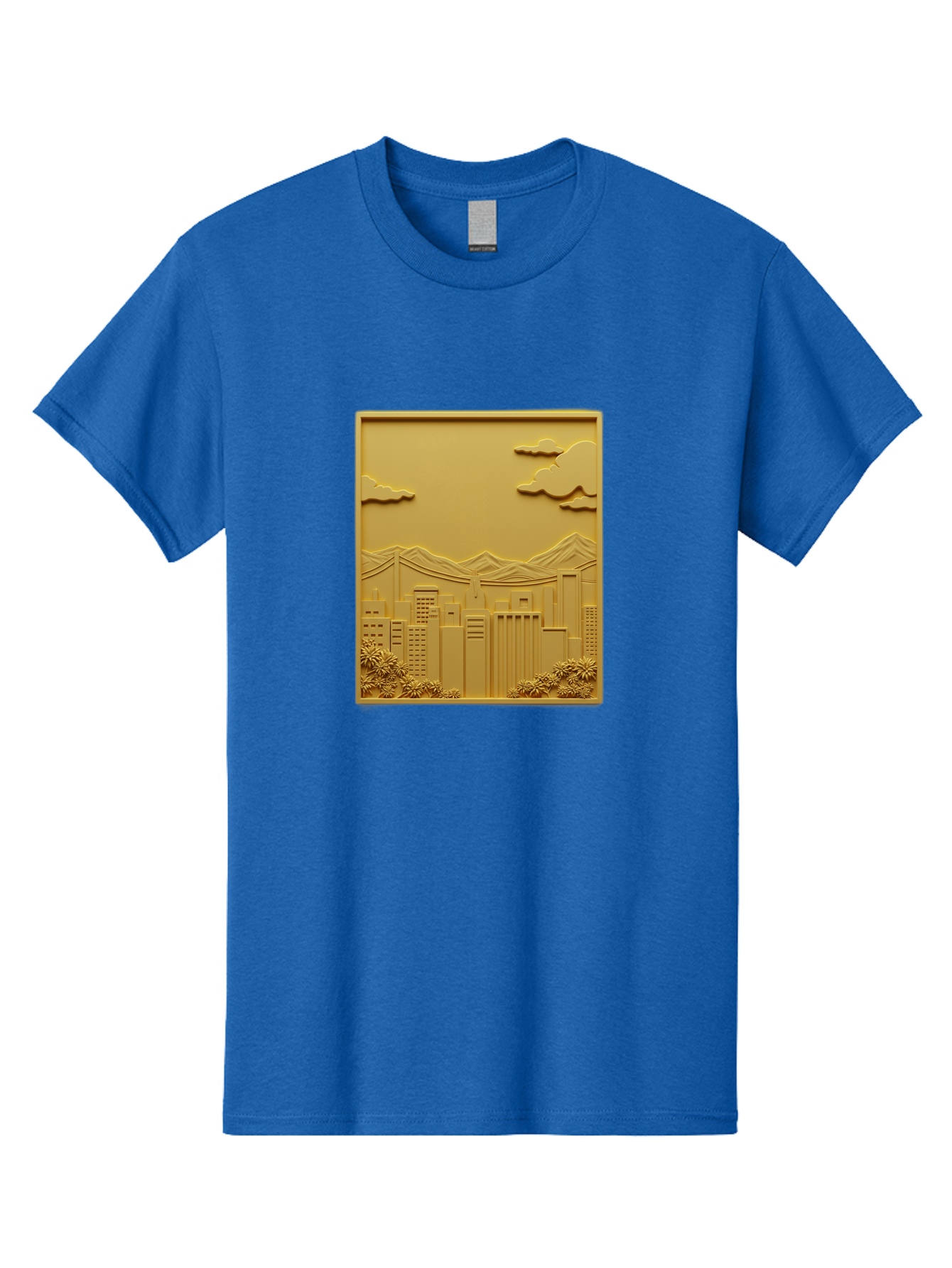 Cityscape Men'S Graphic Tee, 100% Cotton, Comfortable Casual Summer Wear, Machine Washable, Cityscape, Urban Landscape, Modern Architecture, Skyscrapers, Mountains, Clouds, 3D Artwork, Decorative Panel, Gold Tone, City View, Bab760