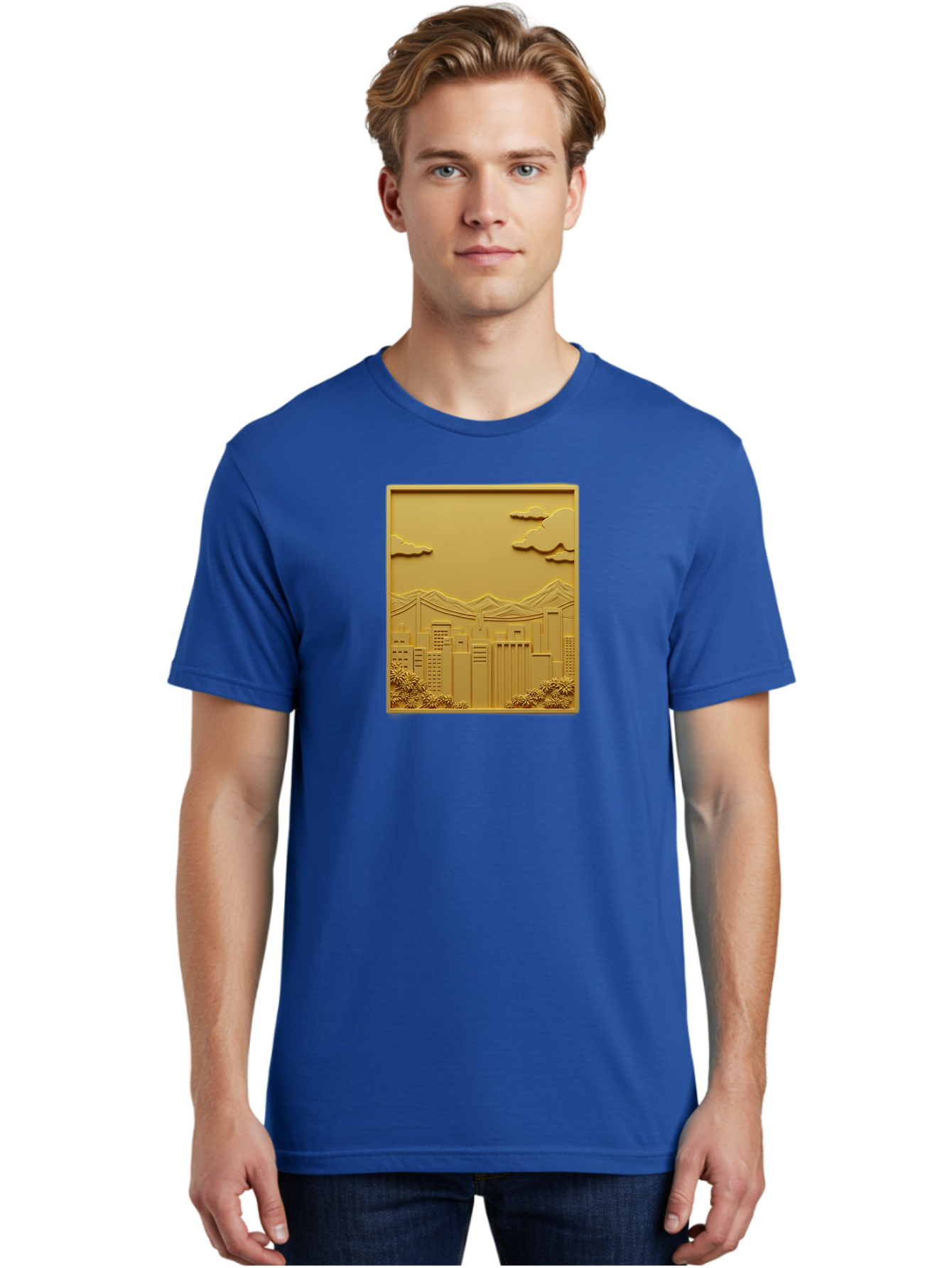 Cityscape Men'S Graphic Tee, 100% Cotton, Comfortable Casual Summer Wear, Machine Washable, Cityscape, Urban Landscape, Modern Architecture, Skyscrapers, Mountains, Clouds, 3D Artwork, Decorative Panel, Gold Tone, City View, Bab760