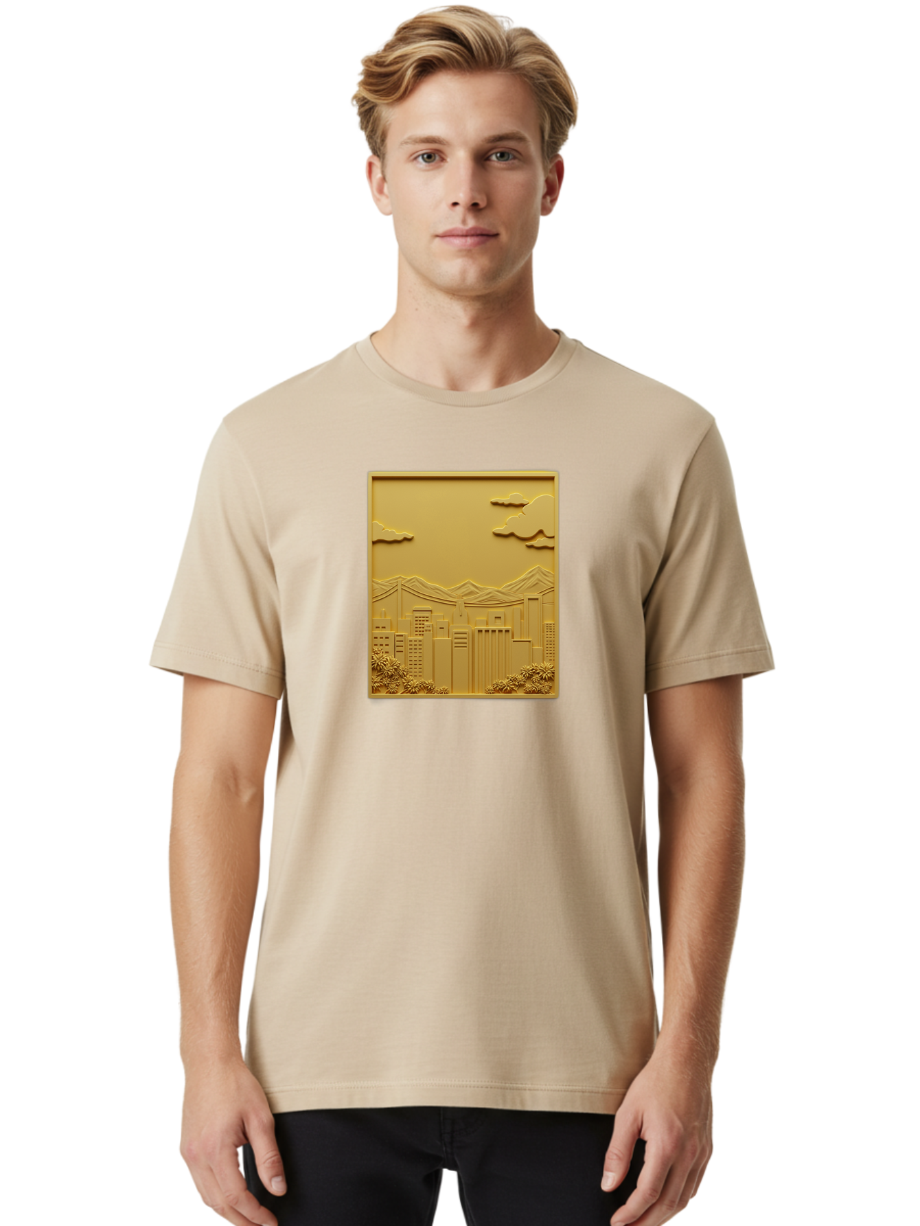 Cityscape Men'S Graphic Tee, 100% Cotton, Comfortable Casual Summer Wear, Machine Washable, Cityscape, Urban Landscape, Modern Architecture, Skyscrapers, Mountains, Clouds, 3D Artwork, Decorative Panel, Gold Tone, City View, Bab760