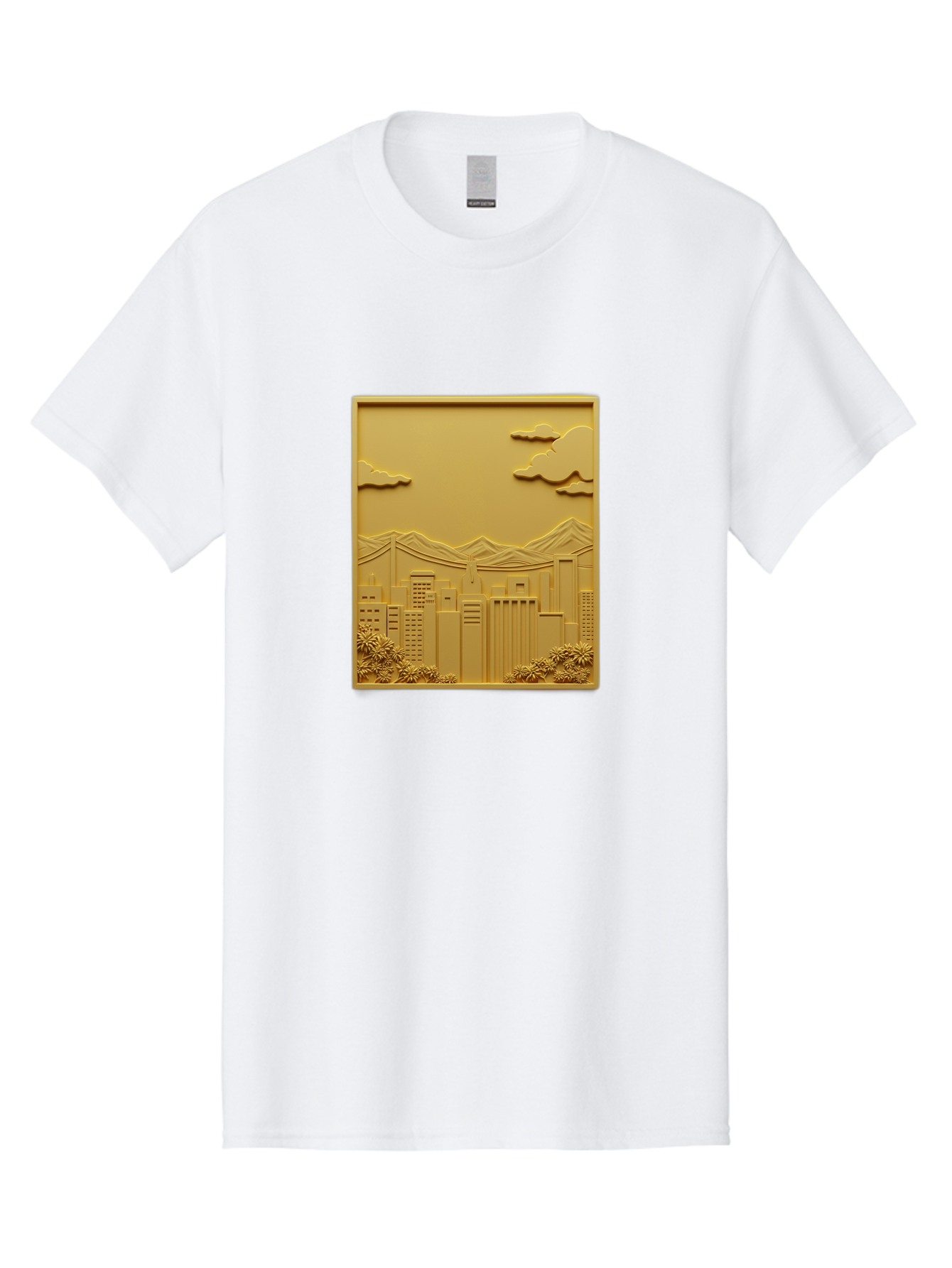 Cityscape Men'S Graphic Tee, 100% Cotton, Comfortable Casual Summer Wear, Machine Washable, Cityscape, Urban Landscape, Modern Architecture, Skyscrapers, Mountains, Clouds, 3D Artwork, Decorative Panel, Gold Tone, City View, Bab760