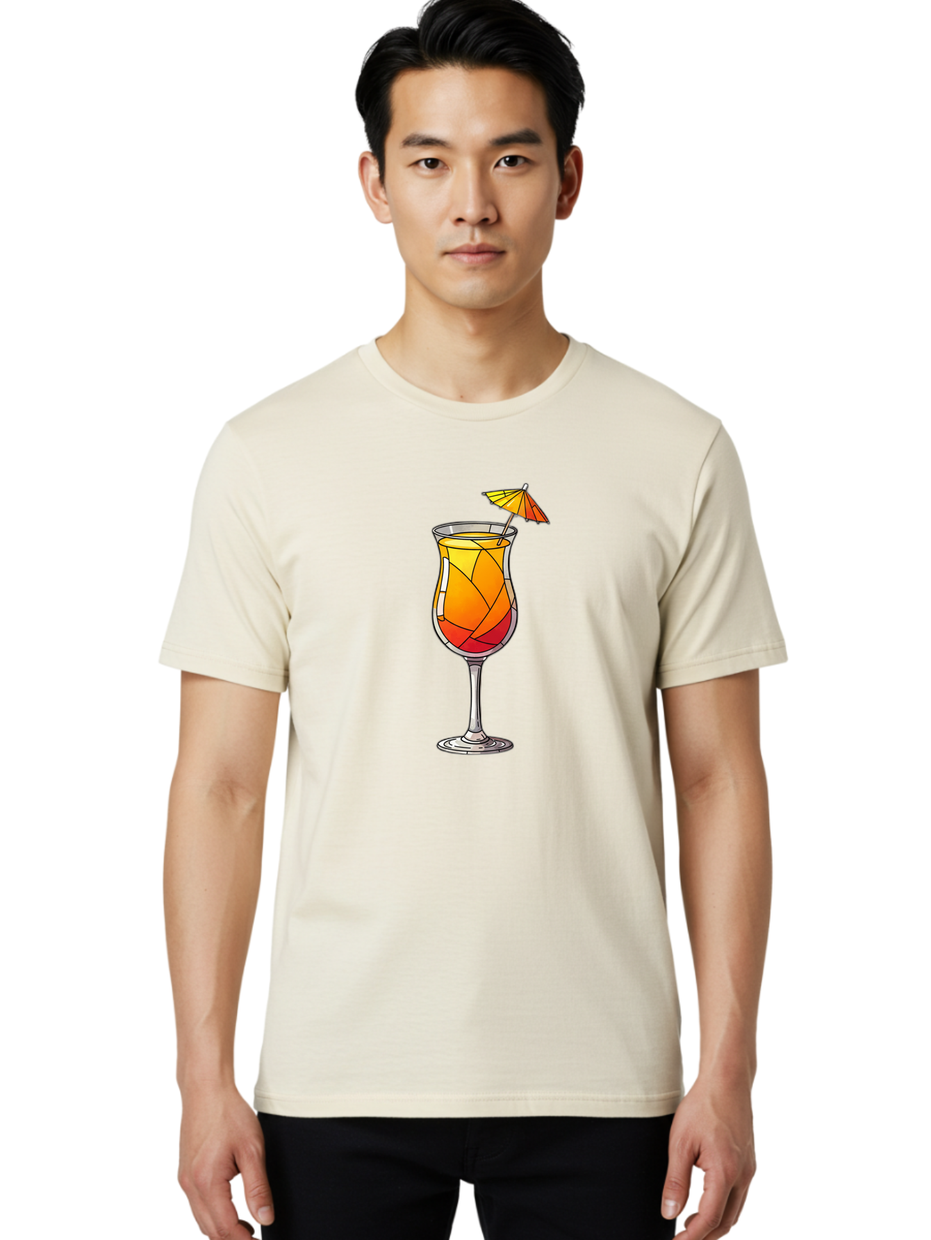 Cocktail-1 Men'S Graphic Tee, 100% Cotton, Comfortable Casual Summer Wear, Machine Washable, Tequila Sunrise Cocktail, Layered Drink, Orange And Red Hues, Umbrella Decoration, Stained Glass Effect, Glassware, Refreshing Beverages, Bab761