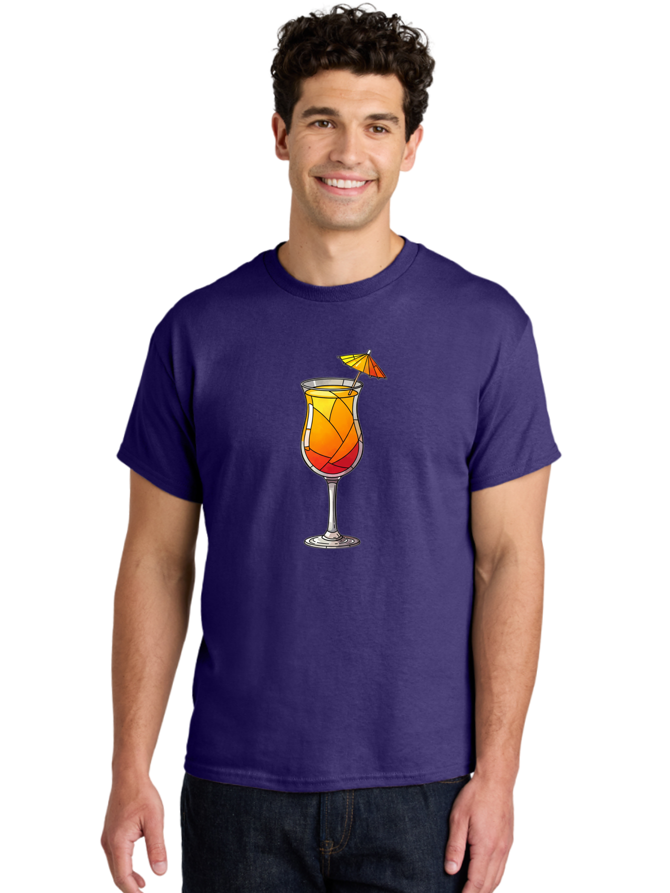 Cocktail-1 Men'S Graphic Tee, 100% Cotton, Comfortable Casual Summer Wear, Machine Washable, Tequila Sunrise Cocktail, Layered Drink, Orange And Red Hues, Umbrella Decoration, Stained Glass Effect, Glassware, Refreshing Beverages, Bab761