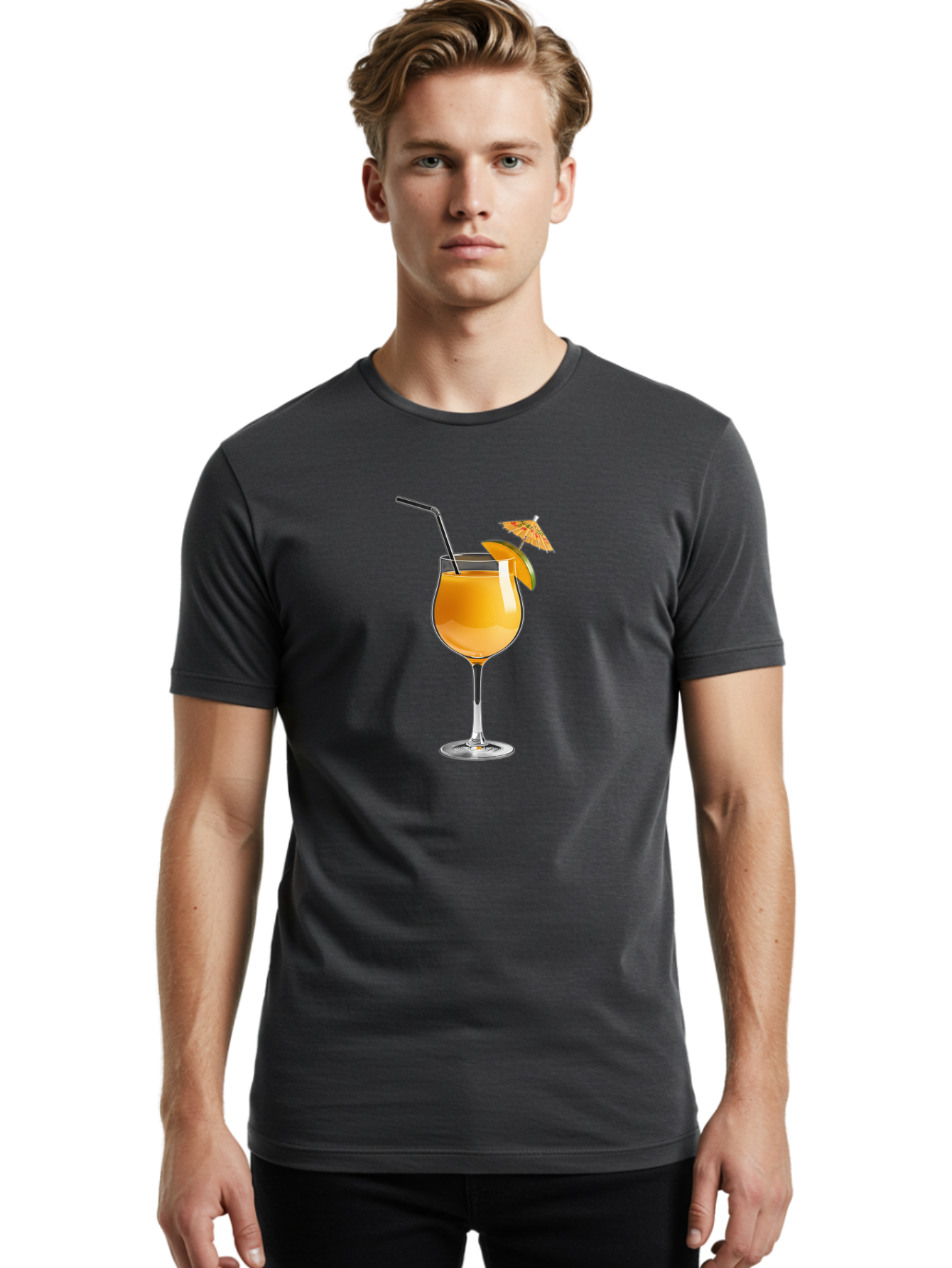 Cocktail-Glass Men'S Graphic Tee, 100% Cotton, Comfortable Casual Summer Wear, Machine Washable, Orange Cocktail, Refreshing Drink, Summer Beverage, Citrus Flavor, Tall Glass, Elegant Stemware, Metal Straw, Paper Umbrella, Orange Slice, Bab764