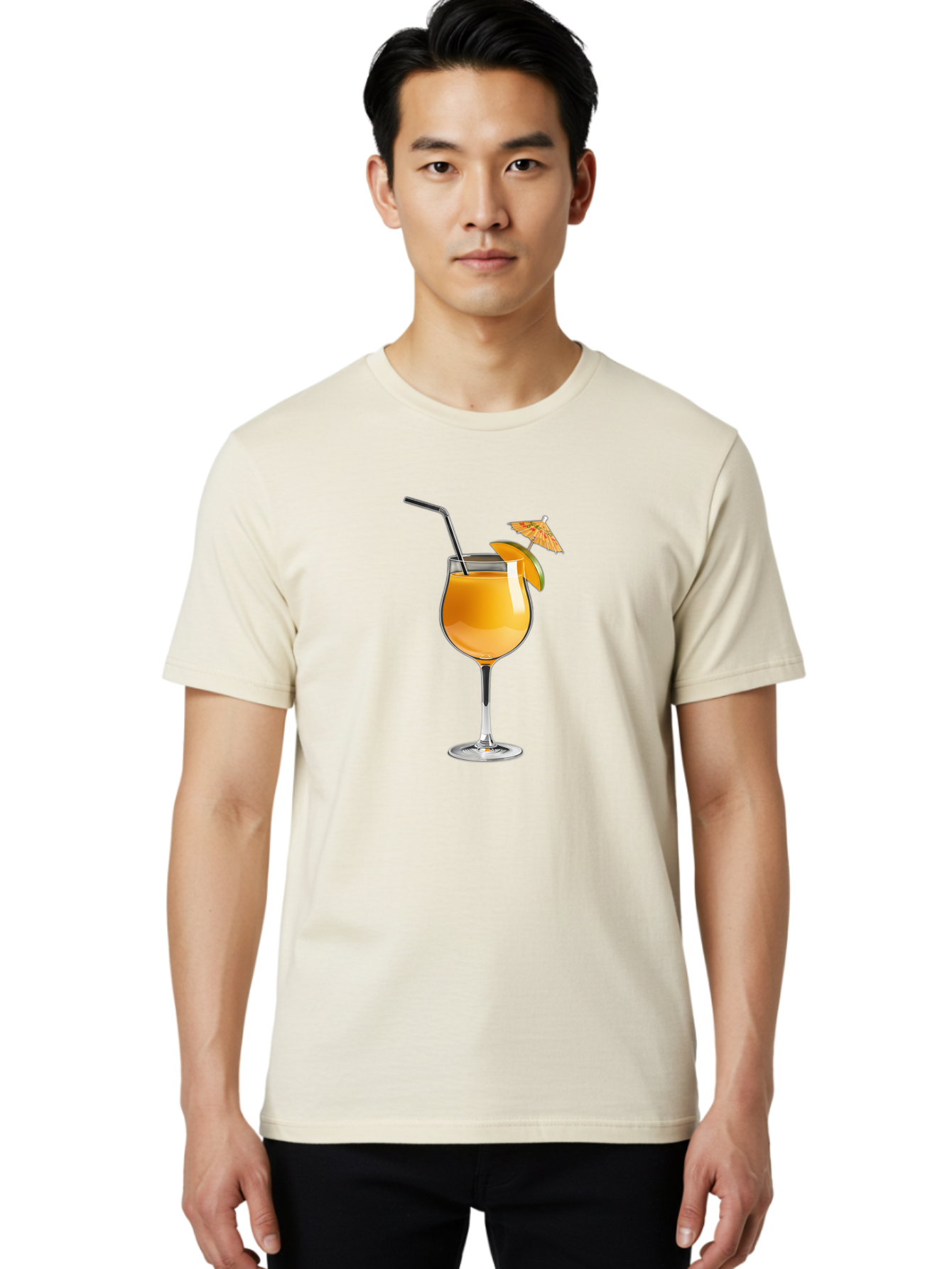 Cocktail-Glass Men'S Graphic Tee, 100% Cotton, Comfortable Casual Summer Wear, Machine Washable, Orange Cocktail, Refreshing Drink, Summer Beverage, Citrus Flavor, Tall Glass, Elegant Stemware, Metal Straw, Paper Umbrella, Orange Slice, Bab764