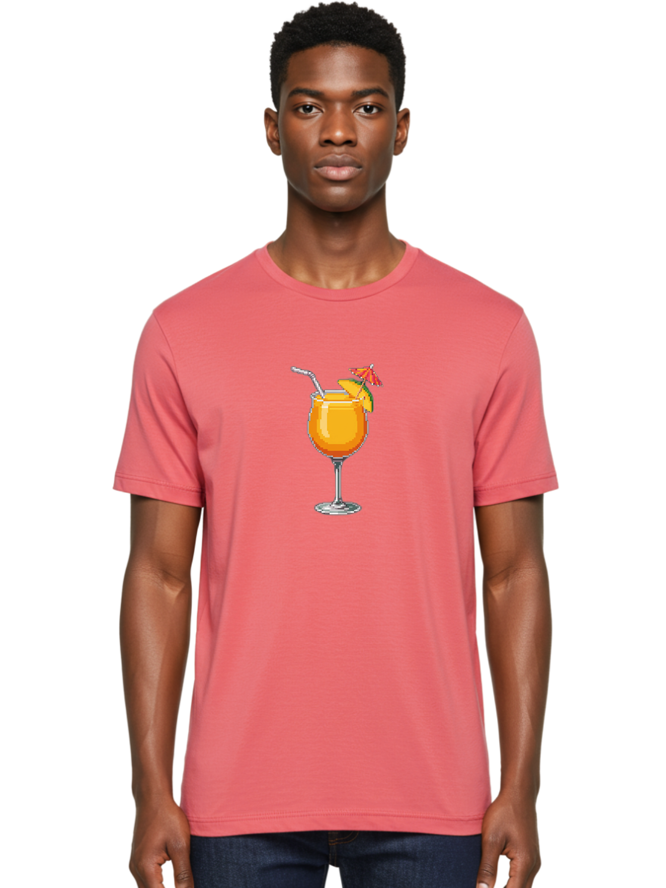 Cocktail Men'S Graphic Tee, 100% Cotton, Comfortable Casual Summer Wear, Machine Washable, Orange Cocktail, Margarita Glass, Garnished Drink, Cocktail Straw, Orange Slice, Red Umbrella, Digital Illustration, Pixel Art Bab766