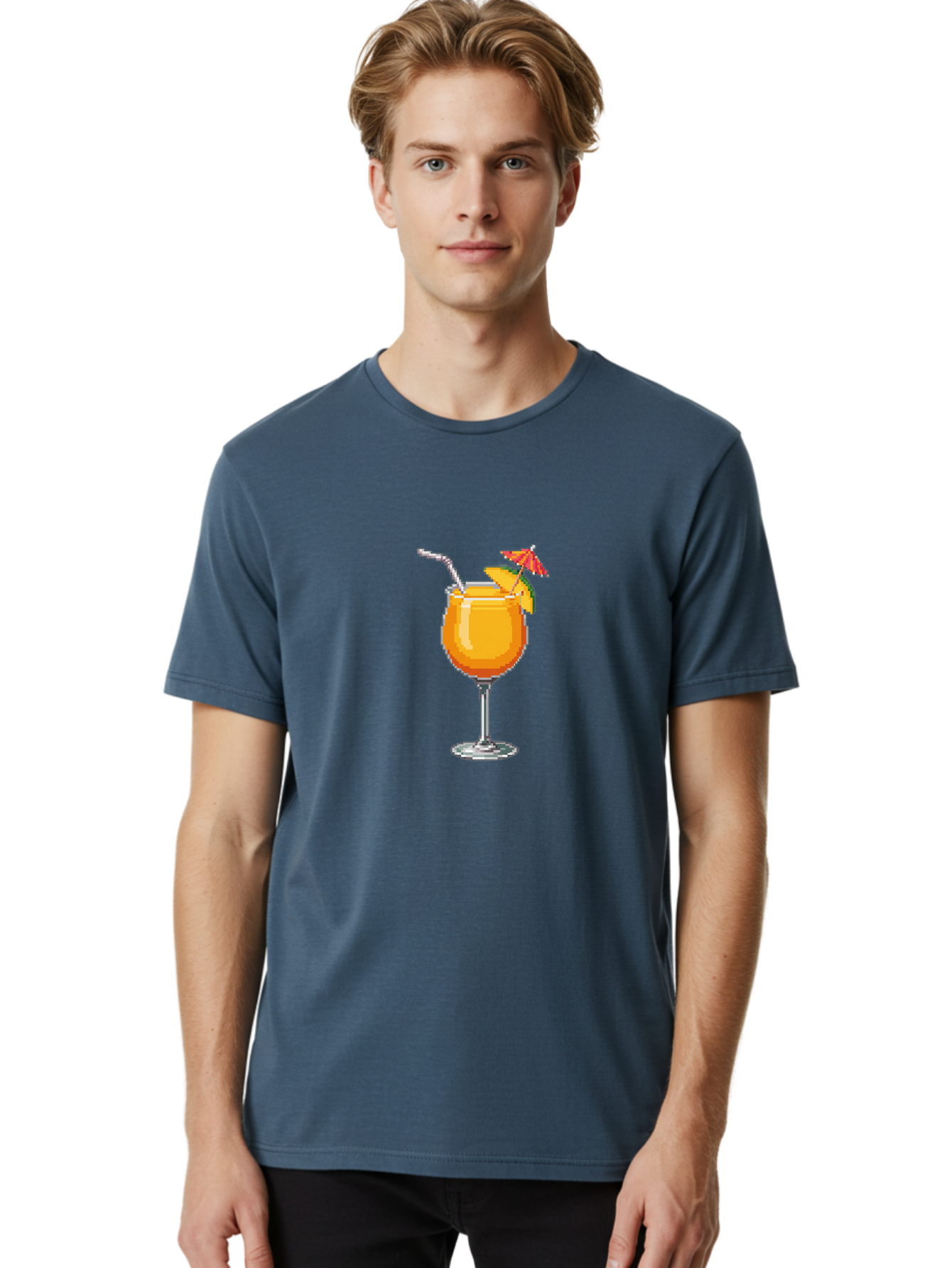 Cocktail Men'S Graphic Tee, 100% Cotton, Comfortable Casual Summer Wear, Machine Washable, Orange Cocktail, Margarita Glass, Garnished Drink, Cocktail Straw, Orange Slice, Red Umbrella, Digital Illustration, Pixel Art Bab766