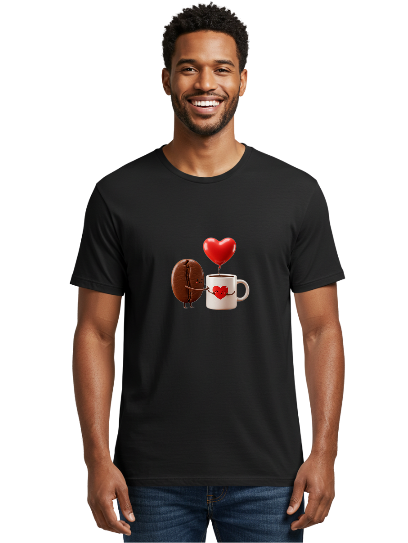 Coffee-Bean-And-Heart Men'S Graphic Tee, 100% Cotton, Comfortable Casual Summer Wear, Machine Washable, Cartoon Coffee Bean, Smiling Coffee Mug, Red Heart Balloon, Love Coffee, Adorable Characters, Coffee Lovers, Cute Illustration, Bab771