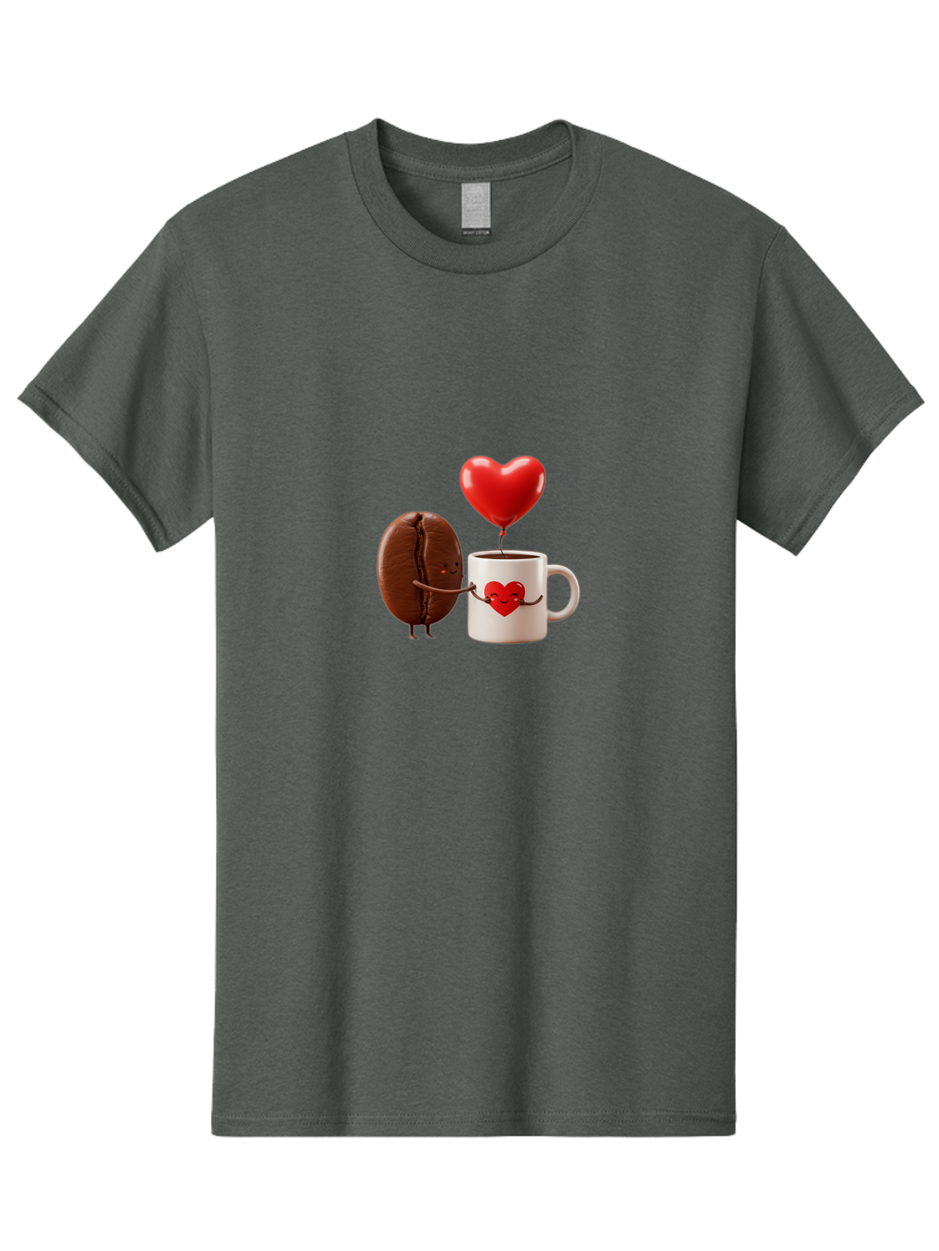 Coffee-Bean-And-Heart Men'S Graphic Tee, 100% Cotton, Comfortable Casual Summer Wear, Machine Washable, Cartoon Coffee Bean, Smiling Coffee Mug, Red Heart Balloon, Love Coffee, Adorable Characters, Coffee Lovers, Cute Illustration, Bab771