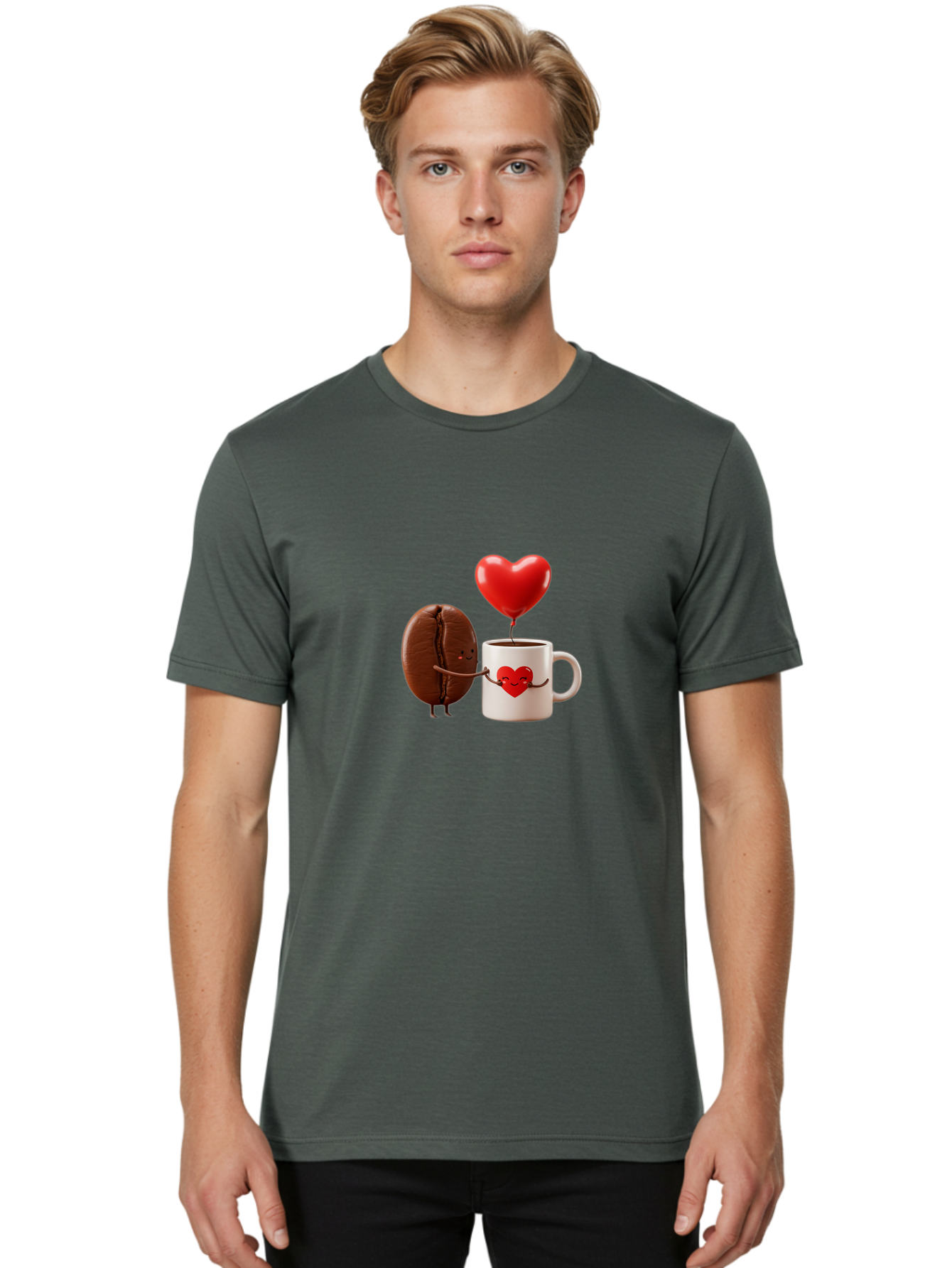 Coffee-Bean-And-Heart Men'S Graphic Tee, 100% Cotton, Comfortable Casual Summer Wear, Machine Washable, Cartoon Coffee Bean, Smiling Coffee Mug, Red Heart Balloon, Love Coffee, Adorable Characters, Coffee Lovers, Cute Illustration, Bab771