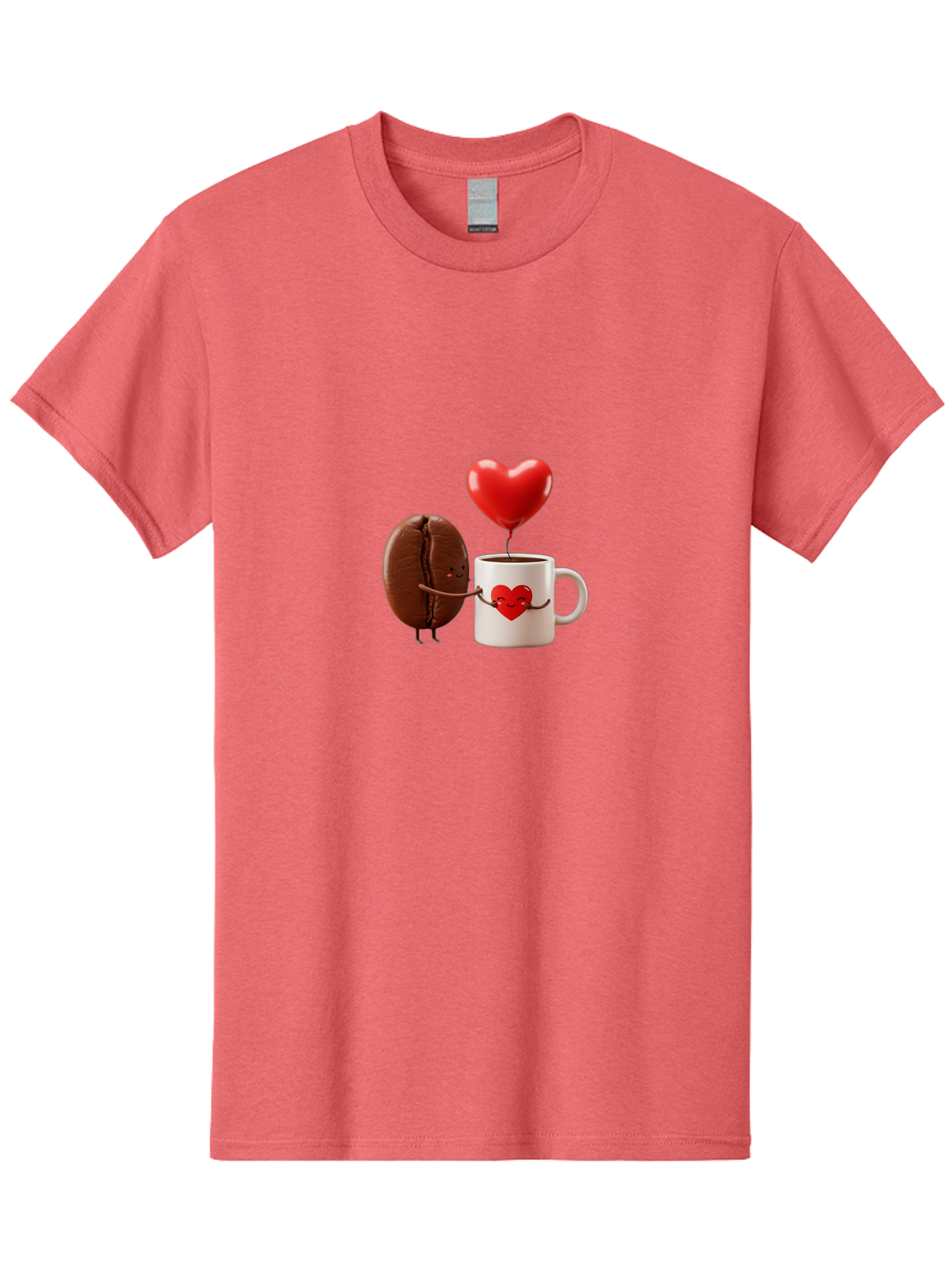Coffee-Bean-And-Heart Men'S Graphic Tee, 100% Cotton, Comfortable Casual Summer Wear, Machine Washable, Cartoon Coffee Bean, Smiling Coffee Mug, Red Heart Balloon, Love Coffee, Adorable Characters, Coffee Lovers, Cute Illustration, Bab771