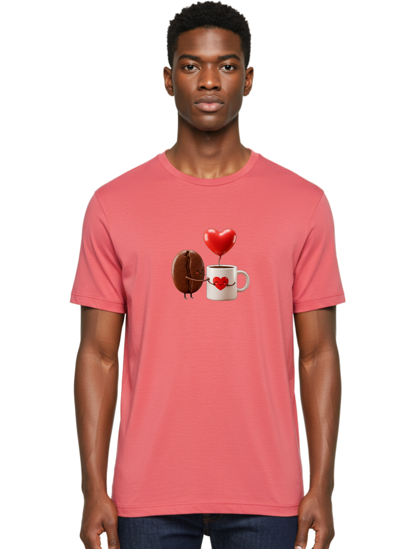 Coffee-Bean-And-Heart Men'S Graphic Tee, 100% Cotton, Comfortable Casual Summer Wear, Machine Washable, Cartoon Coffee Bean, Smiling Coffee Mug, Red Heart Balloon, Love Coffee, Adorable Characters, Coffee Lovers, Cute Illustration, Bab771