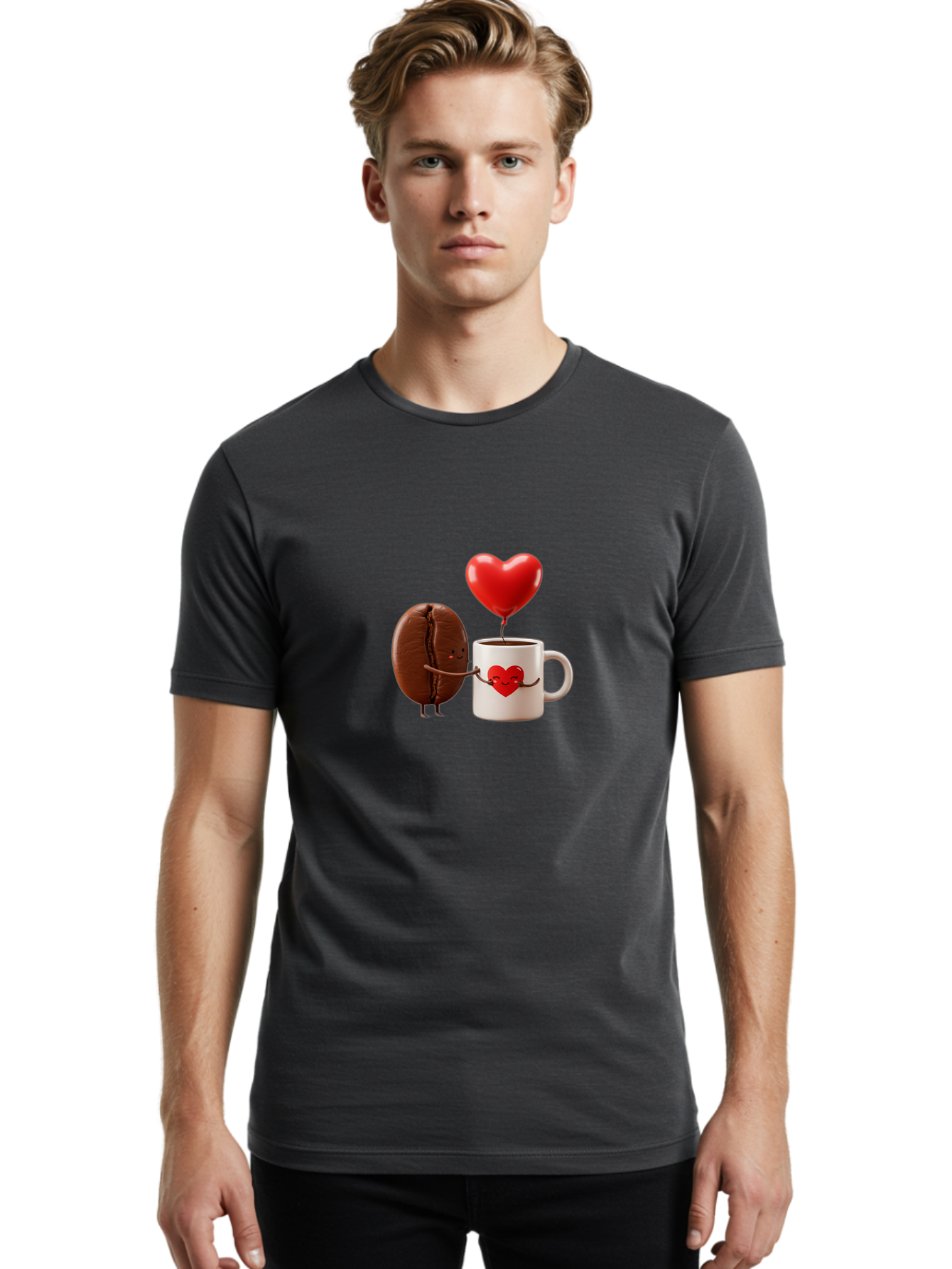 Coffee-Bean-And-Heart Men'S Graphic Tee, 100% Cotton, Comfortable Casual Summer Wear, Machine Washable, Cartoon Coffee Bean, Smiling Coffee Mug, Red Heart Balloon, Love Coffee, Adorable Characters, Coffee Lovers, Cute Illustration, Bab771