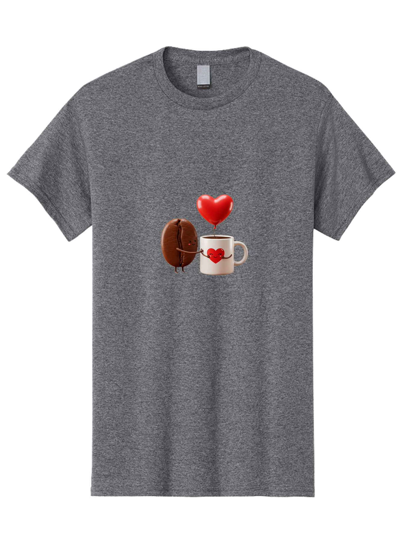 Coffee-Bean-And-Heart Men'S Graphic Tee, 100% Cotton, Comfortable Casual Summer Wear, Machine Washable, Cartoon Coffee Bean, Smiling Coffee Mug, Red Heart Balloon, Love Coffee, Adorable Characters, Coffee Lovers, Cute Illustration, Bab771