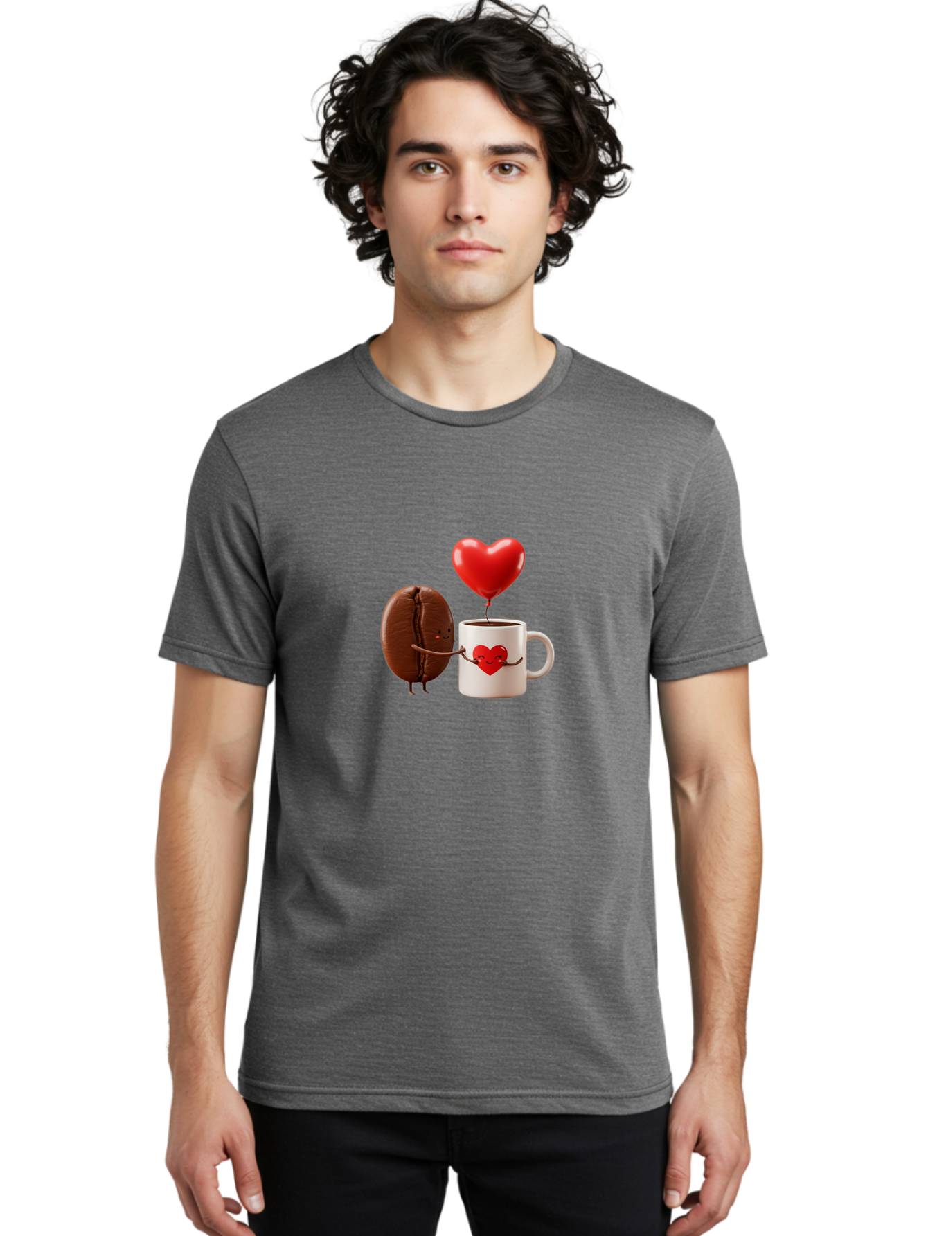 Coffee-Bean-And-Heart Men'S Graphic Tee, 100% Cotton, Comfortable Casual Summer Wear, Machine Washable, Cartoon Coffee Bean, Smiling Coffee Mug, Red Heart Balloon, Love Coffee, Adorable Characters, Coffee Lovers, Cute Illustration, Bab771