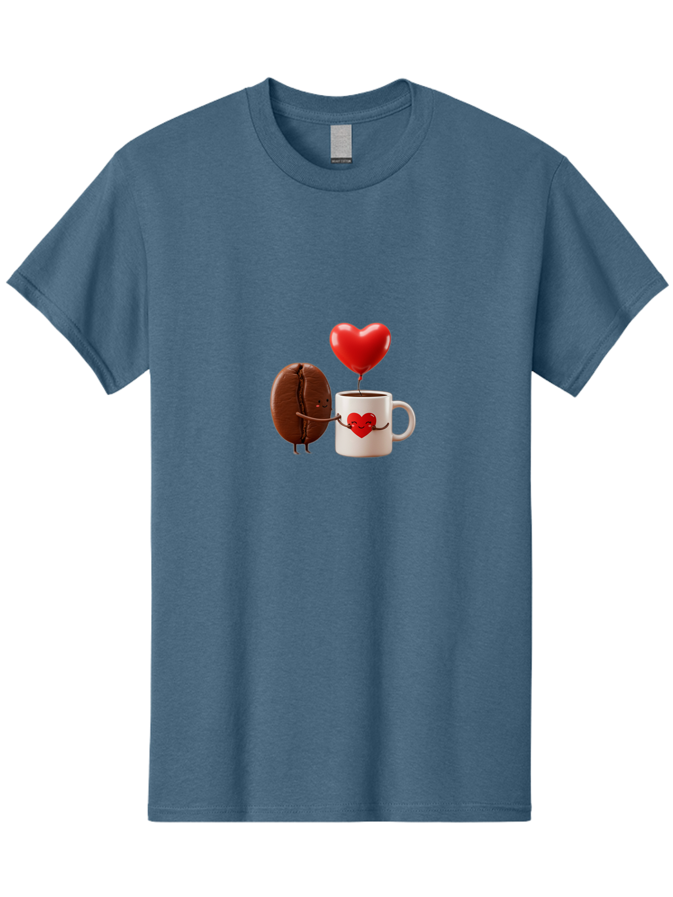 Coffee-Bean-And-Heart Men'S Graphic Tee, 100% Cotton, Comfortable Casual Summer Wear, Machine Washable, Cartoon Coffee Bean, Smiling Coffee Mug, Red Heart Balloon, Love Coffee, Adorable Characters, Coffee Lovers, Cute Illustration, Bab771