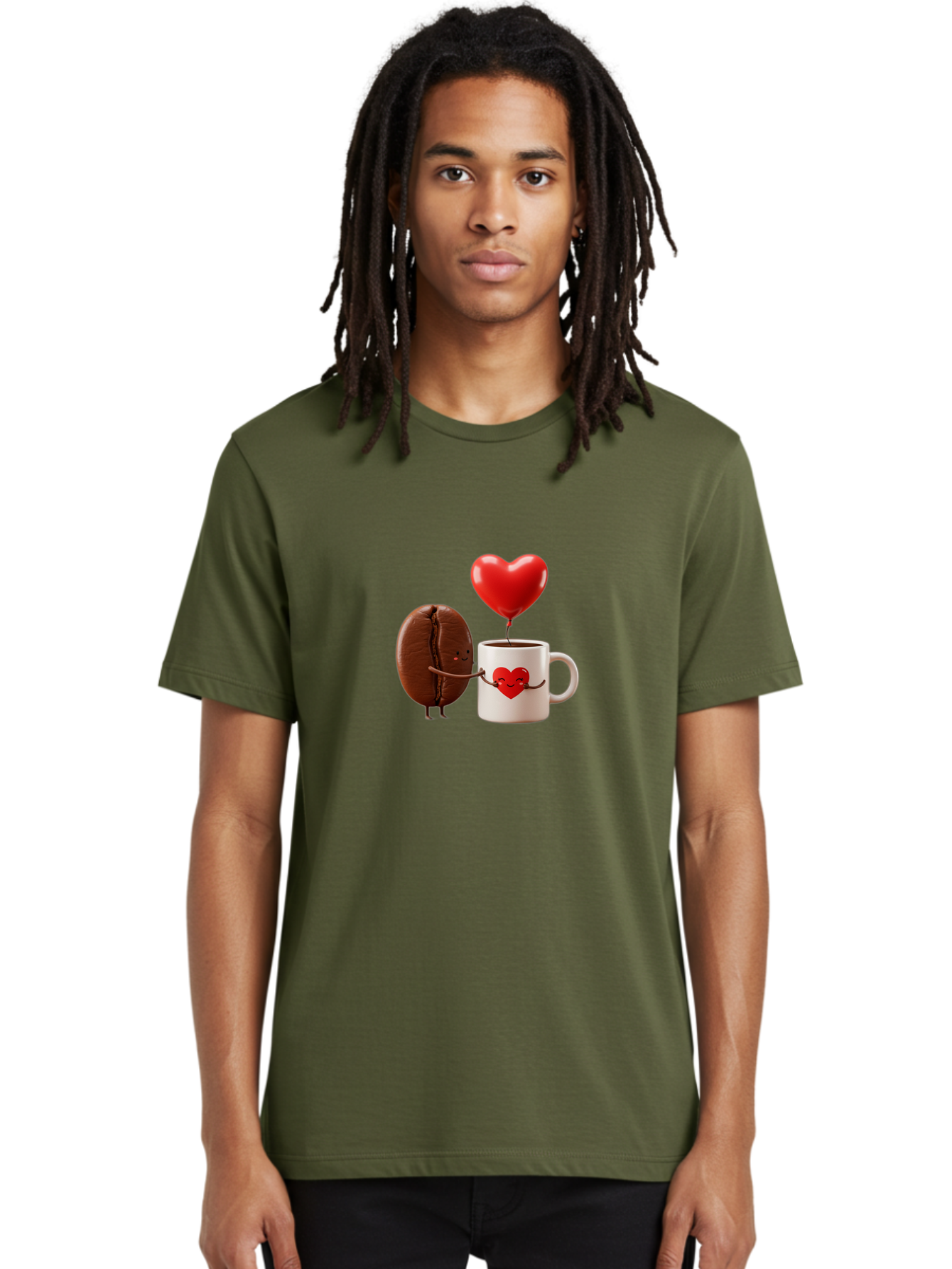 Coffee-Bean-And-Heart Men'S Graphic Tee, 100% Cotton, Comfortable Casual Summer Wear, Machine Washable, Cartoon Coffee Bean, Smiling Coffee Mug, Red Heart Balloon, Love Coffee, Adorable Characters, Coffee Lovers, Cute Illustration, Bab771