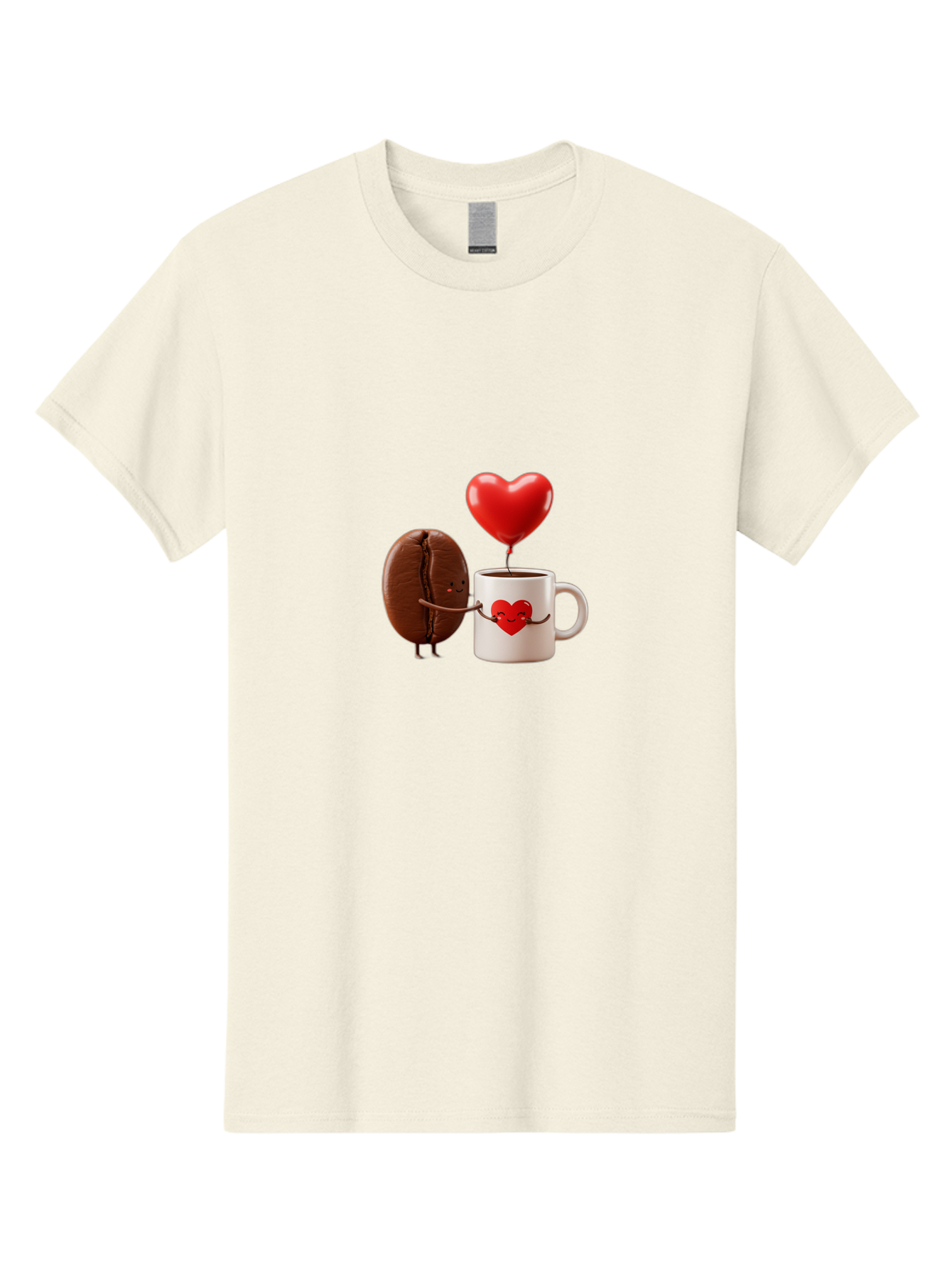 Coffee-Bean-And-Heart Men'S Graphic Tee, 100% Cotton, Comfortable Casual Summer Wear, Machine Washable, Cartoon Coffee Bean, Smiling Coffee Mug, Red Heart Balloon, Love Coffee, Adorable Characters, Coffee Lovers, Cute Illustration, Bab771