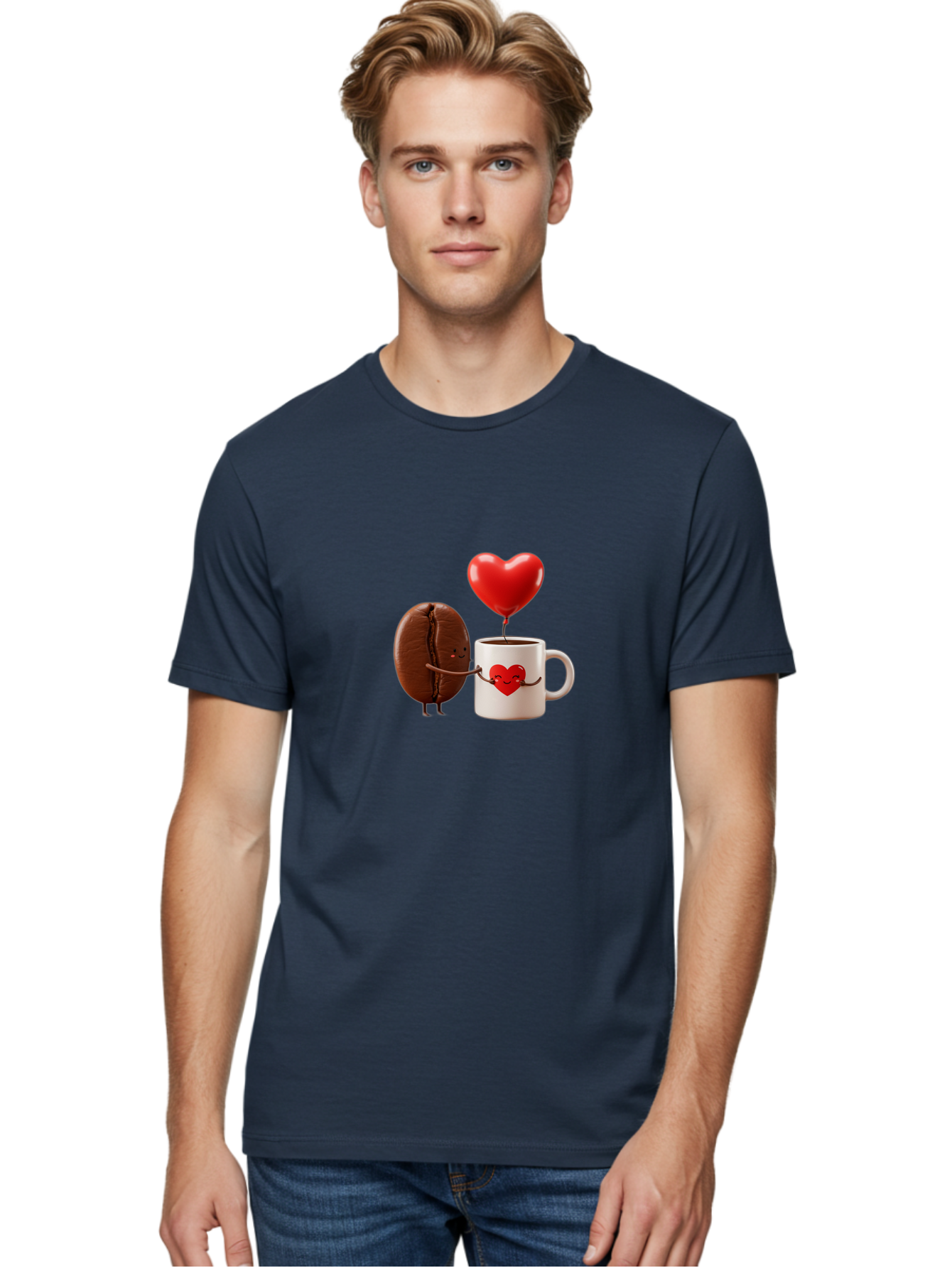 Coffee-Bean-And-Heart Men'S Graphic Tee, 100% Cotton, Comfortable Casual Summer Wear, Machine Washable, Cartoon Coffee Bean, Smiling Coffee Mug, Red Heart Balloon, Love Coffee, Adorable Characters, Coffee Lovers, Cute Illustration, Bab771