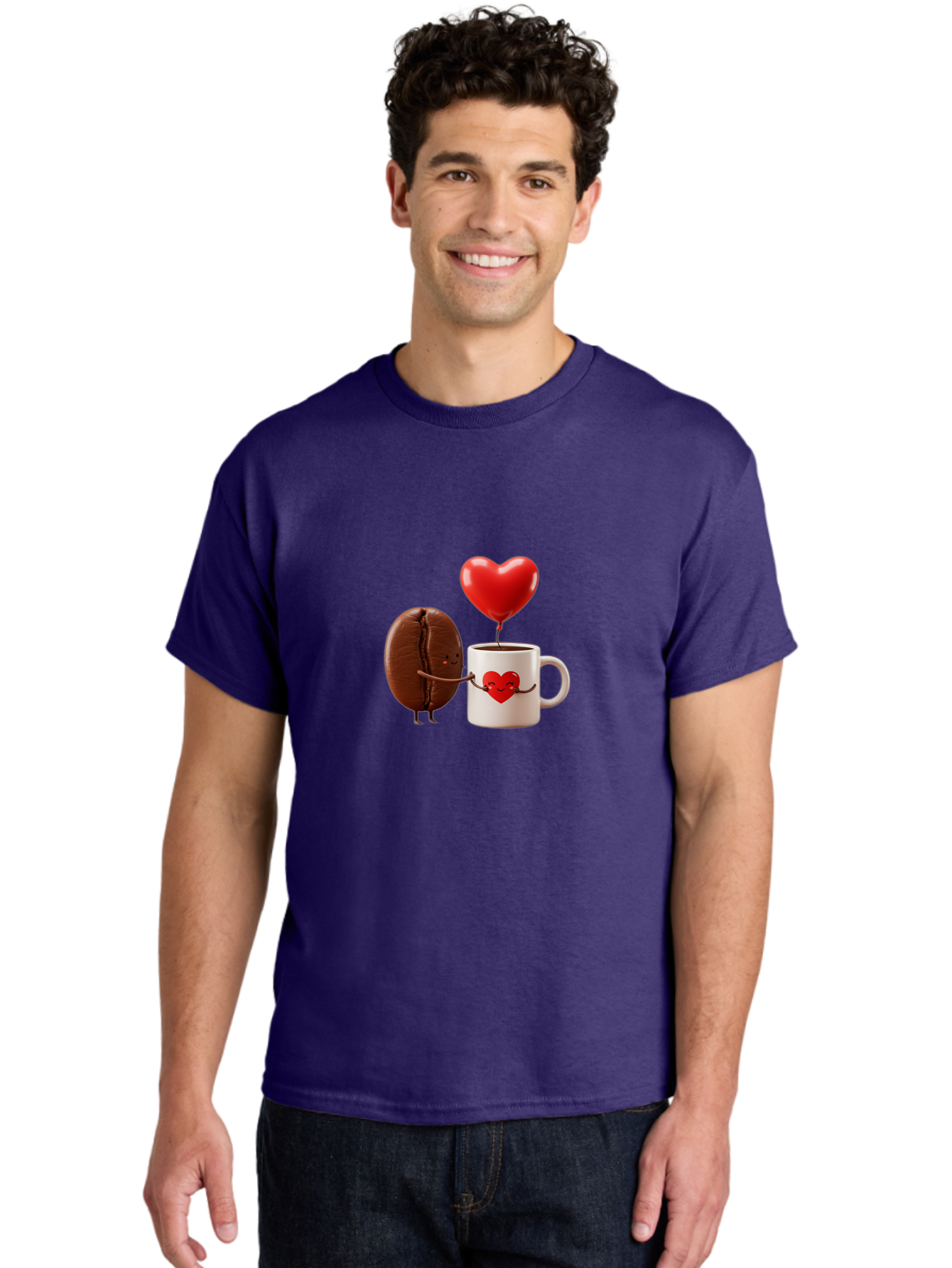 Coffee-Bean-And-Heart Men'S Graphic Tee, 100% Cotton, Comfortable Casual Summer Wear, Machine Washable, Cartoon Coffee Bean, Smiling Coffee Mug, Red Heart Balloon, Love Coffee, Adorable Characters, Coffee Lovers, Cute Illustration, Bab771