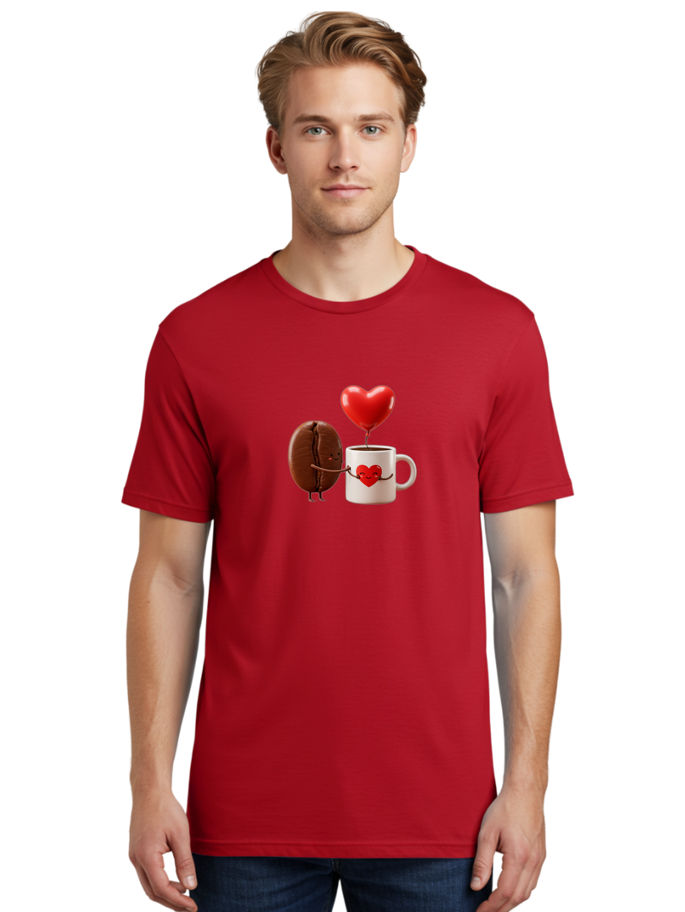 Coffee-Bean-And-Heart Men'S Graphic Tee, 100% Cotton, Comfortable Casual Summer Wear, Machine Washable, Cartoon Coffee Bean, Smiling Coffee Mug, Red Heart Balloon, Love Coffee, Adorable Characters, Coffee Lovers, Cute Illustration, Bab771