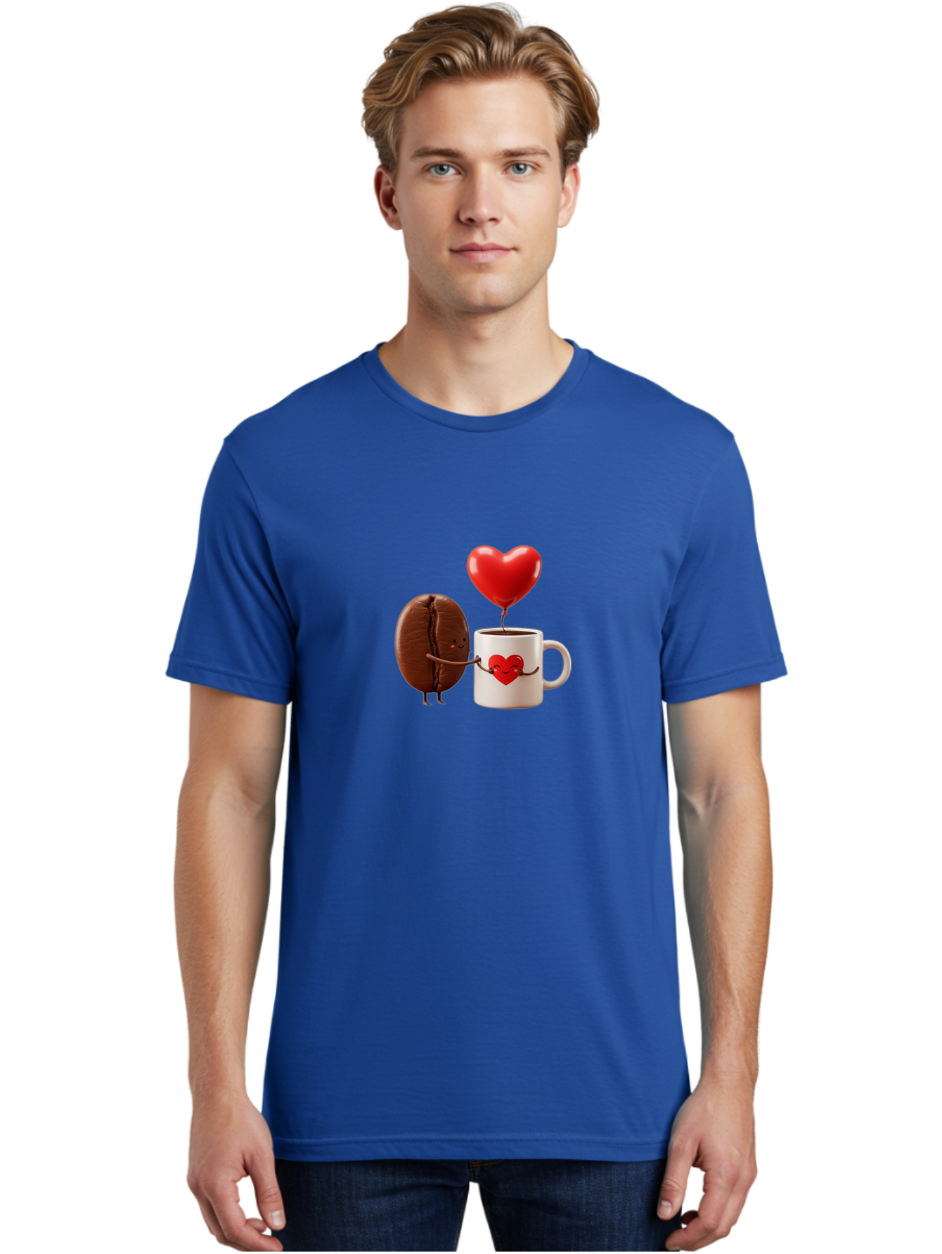 Coffee-Bean-And-Heart Men'S Graphic Tee, 100% Cotton, Comfortable Casual Summer Wear, Machine Washable, Cartoon Coffee Bean, Smiling Coffee Mug, Red Heart Balloon, Love Coffee, Adorable Characters, Coffee Lovers, Cute Illustration, Bab771