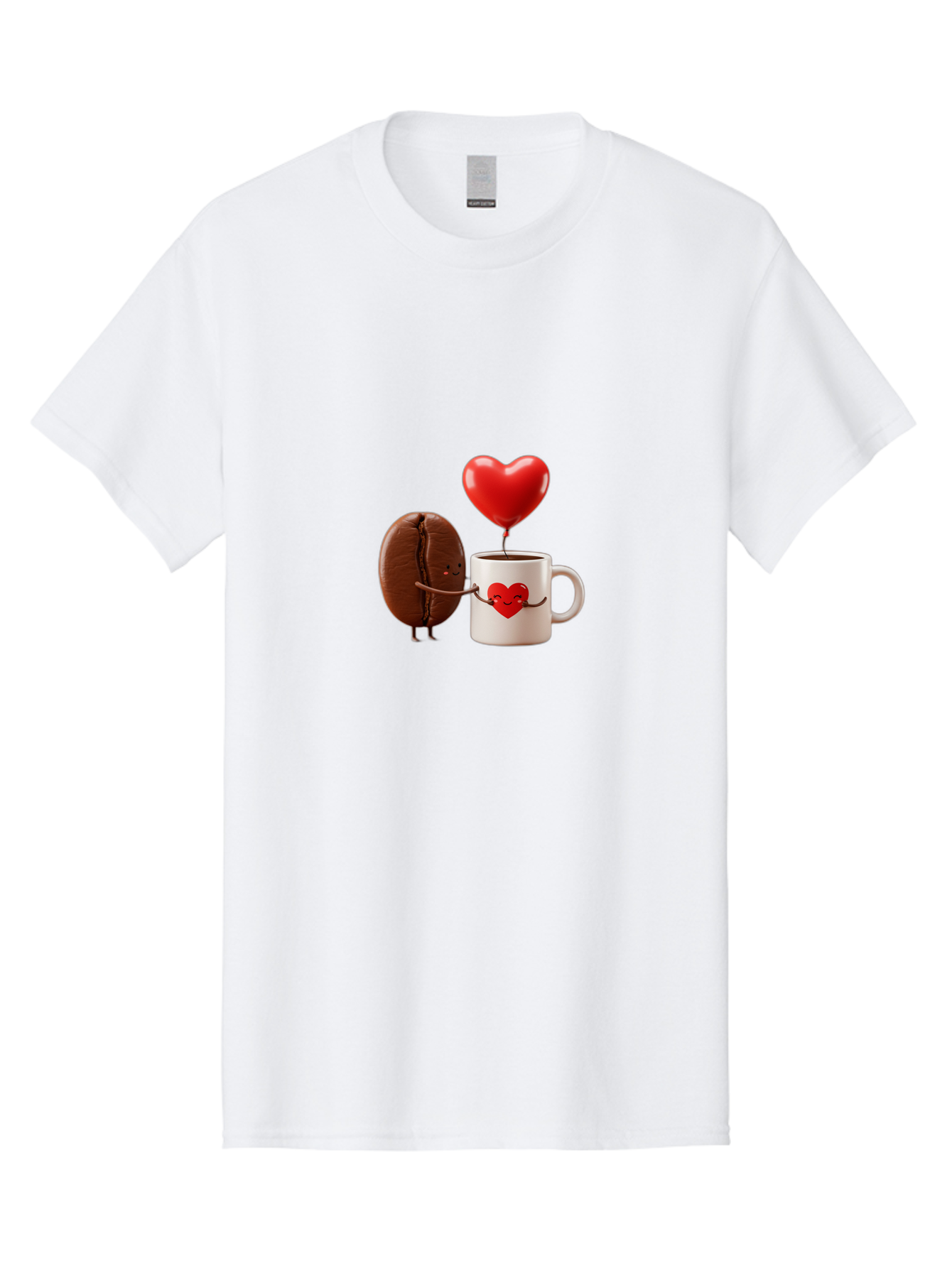 Coffee-Bean-And-Heart Men'S Graphic Tee, 100% Cotton, Comfortable Casual Summer Wear, Machine Washable, Cartoon Coffee Bean, Smiling Coffee Mug, Red Heart Balloon, Love Coffee, Adorable Characters, Coffee Lovers, Cute Illustration, Bab771