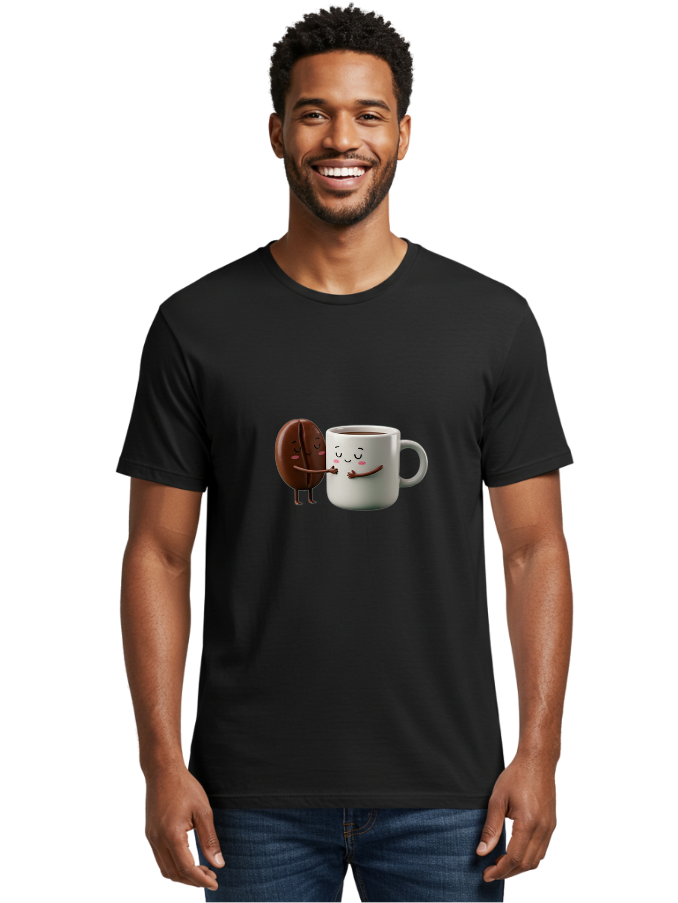 Coffee-Bean-And-Mug Men'S Graphic Tee, 100% Cotton, Comfortable Casual Summer Wear, Machine Washable, Cartoon Coffee Bean, Coffee Mug, Winking Faces, Playful Interaction, Coffee Culture, Happy Coffee, Morning Coffee, Coffee Lovers, Bab772