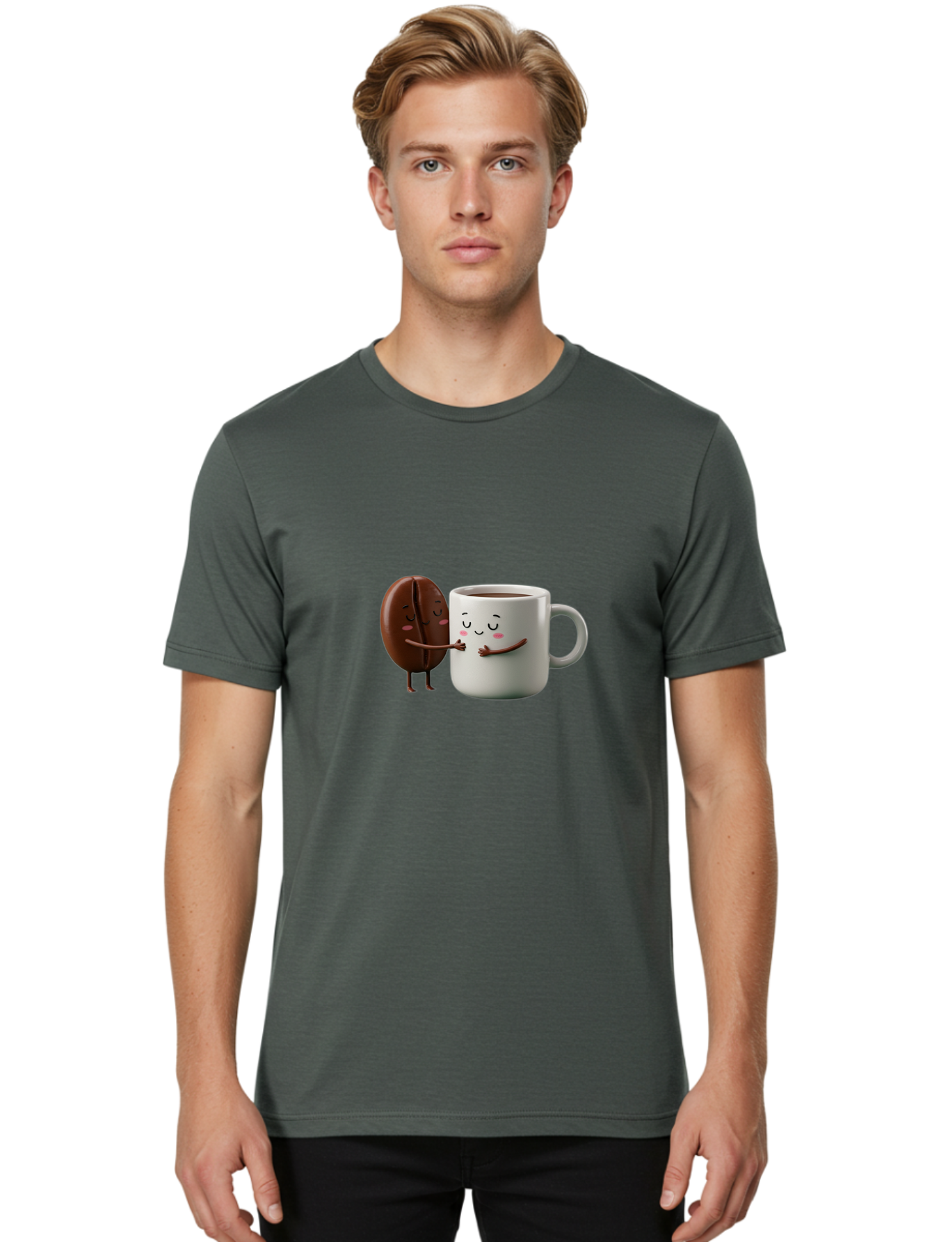 Coffee-Bean-And-Mug Men'S Graphic Tee, 100% Cotton, Comfortable Casual Summer Wear, Machine Washable, Cartoon Coffee Bean, Coffee Mug, Winking Faces, Playful Interaction, Coffee Culture, Happy Coffee, Morning Coffee, Coffee Lovers, Bab772