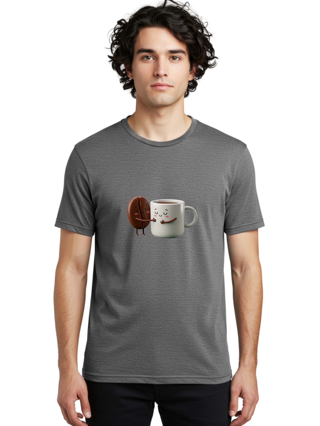 Coffee-Bean-And-Mug Men'S Graphic Tee, 100% Cotton, Comfortable Casual Summer Wear, Machine Washable, Cartoon Coffee Bean, Coffee Mug, Winking Faces, Playful Interaction, Coffee Culture, Happy Coffee, Morning Coffee, Coffee Lovers, Bab772