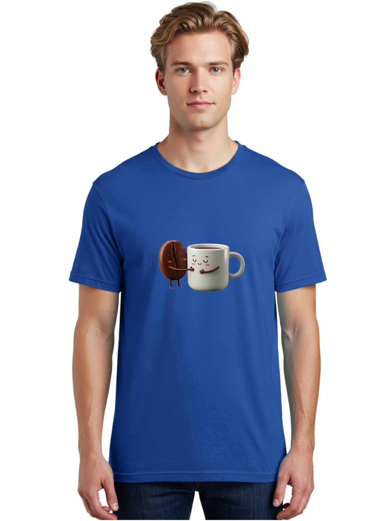 Coffee-Bean-And-Mug Men'S Graphic Tee, 100% Cotton, Comfortable Casual Summer Wear, Machine Washable, Cartoon Coffee Bean, Coffee Mug, Winking Faces, Playful Interaction, Coffee Culture, Happy Coffee, Morning Coffee, Coffee Lovers, Bab772