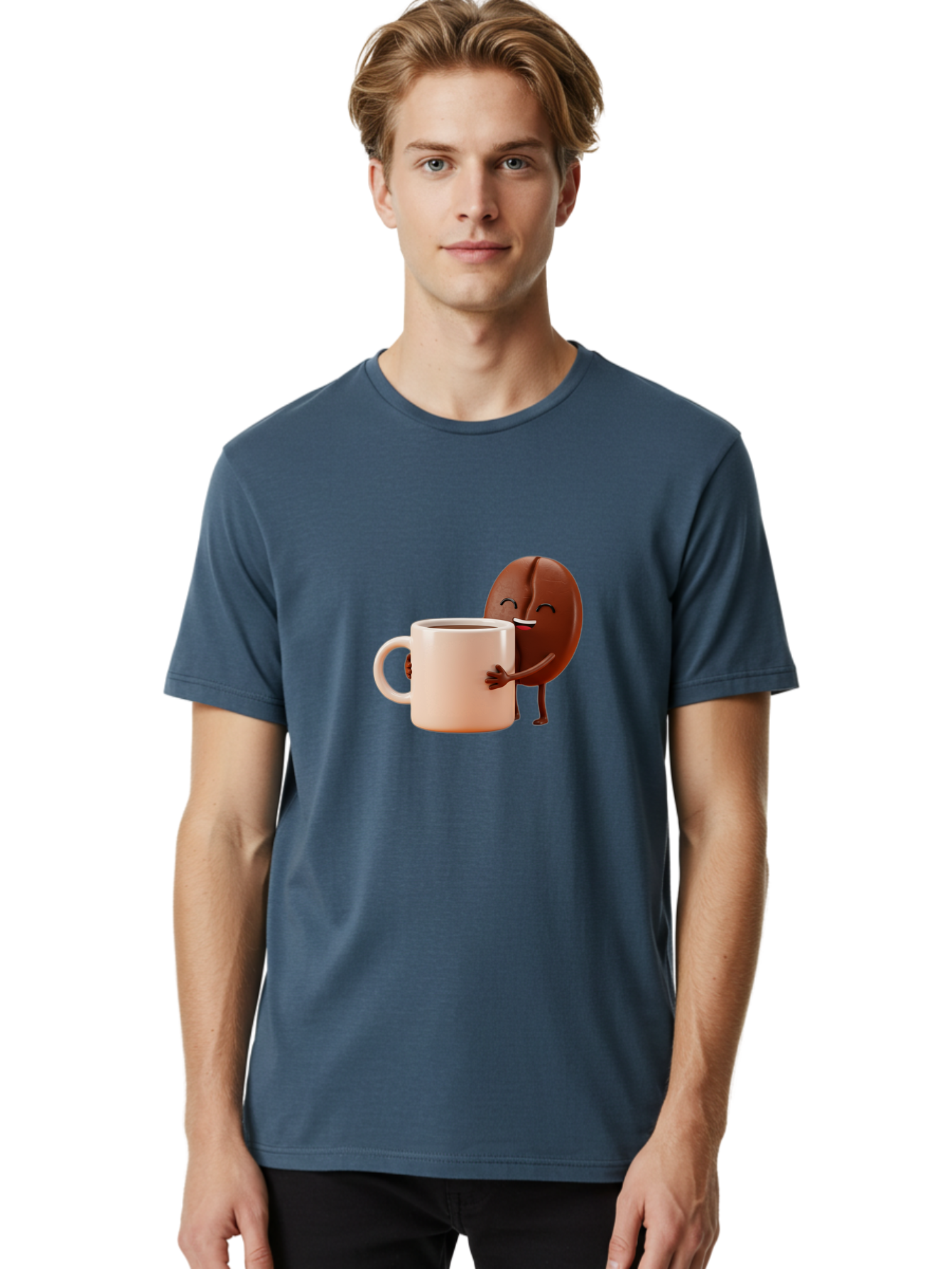Coffee-Bean-Character-1 Men'S Graphic Tee, 100% Cotton, Comfortable Casual Summer Wear, Machine Washable, Cartoon Coffee Bean, Happy Character, Coffee Mug, Coffee Lover, Morning Pick-Me-Up, Caffeine Fix, Coffee Culture, Funny Illustration, Bab773