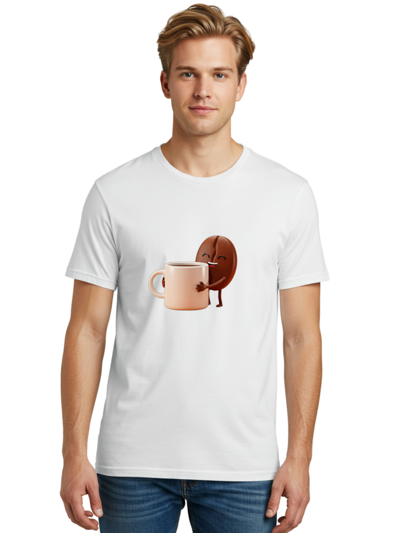 Coffee-Bean-Character-1 Men'S Graphic Tee, 100% Cotton, Comfortable Casual Summer Wear, Machine Washable, Cartoon Coffee Bean, Happy Character, Coffee Mug, Coffee Lover, Morning Pick-Me-Up, Caffeine Fix, Coffee Culture, Funny Illustration, Bab773