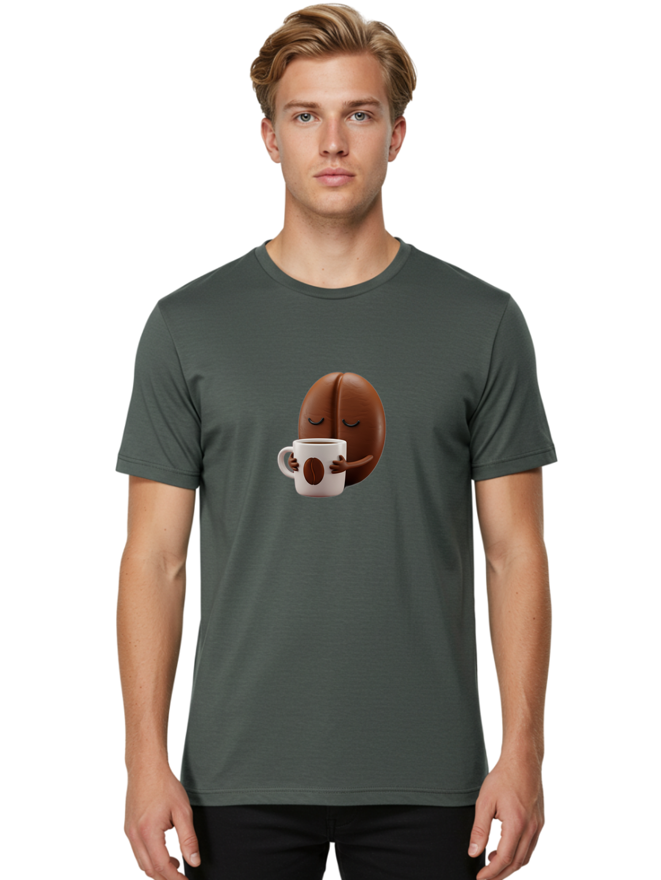 Coffee-Bean-Character-2 Men'S Graphic Tee, 100% Cotton, Comfortable Casual Summer Wear, Machine Washable, Cartoon Coffee Bean, Coffee Mug, Relaxed Atmosphere, Happy Character, Coffee Break, Morning Coffee, Caffeine Boost, Coffee Lover, Bab774