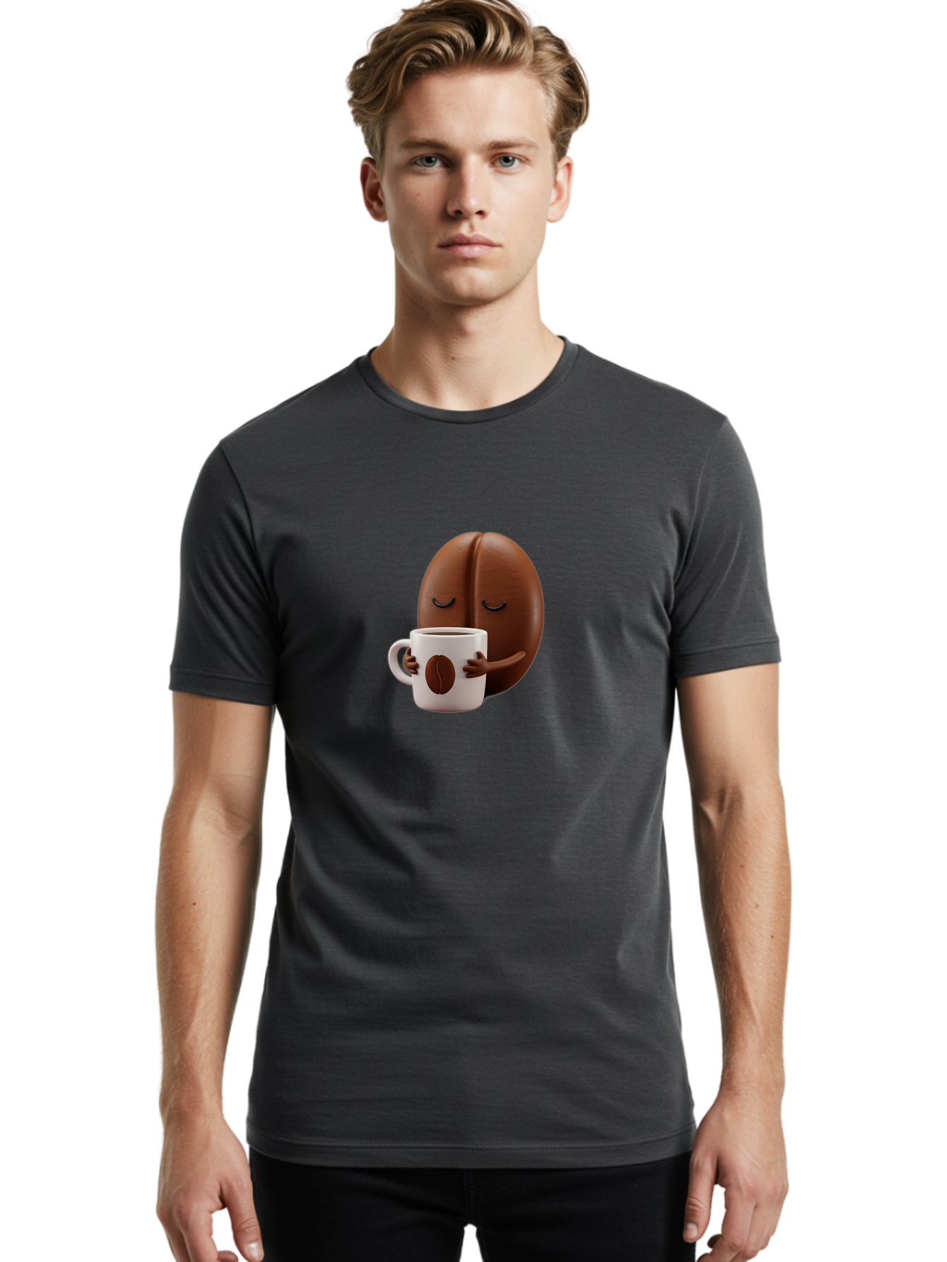 Coffee-Bean-Character-2 Men'S Graphic Tee, 100% Cotton, Comfortable Casual Summer Wear, Machine Washable, Cartoon Coffee Bean, Coffee Mug, Relaxed Atmosphere, Happy Character, Coffee Break, Morning Coffee, Caffeine Boost, Coffee Lover, Bab774