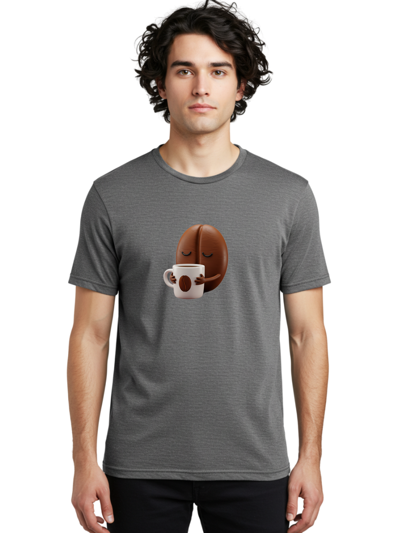Coffee-Bean-Character-2 Men'S Graphic Tee, 100% Cotton, Comfortable Casual Summer Wear, Machine Washable, Cartoon Coffee Bean, Coffee Mug, Relaxed Atmosphere, Happy Character, Coffee Break, Morning Coffee, Caffeine Boost, Coffee Lover, Bab774