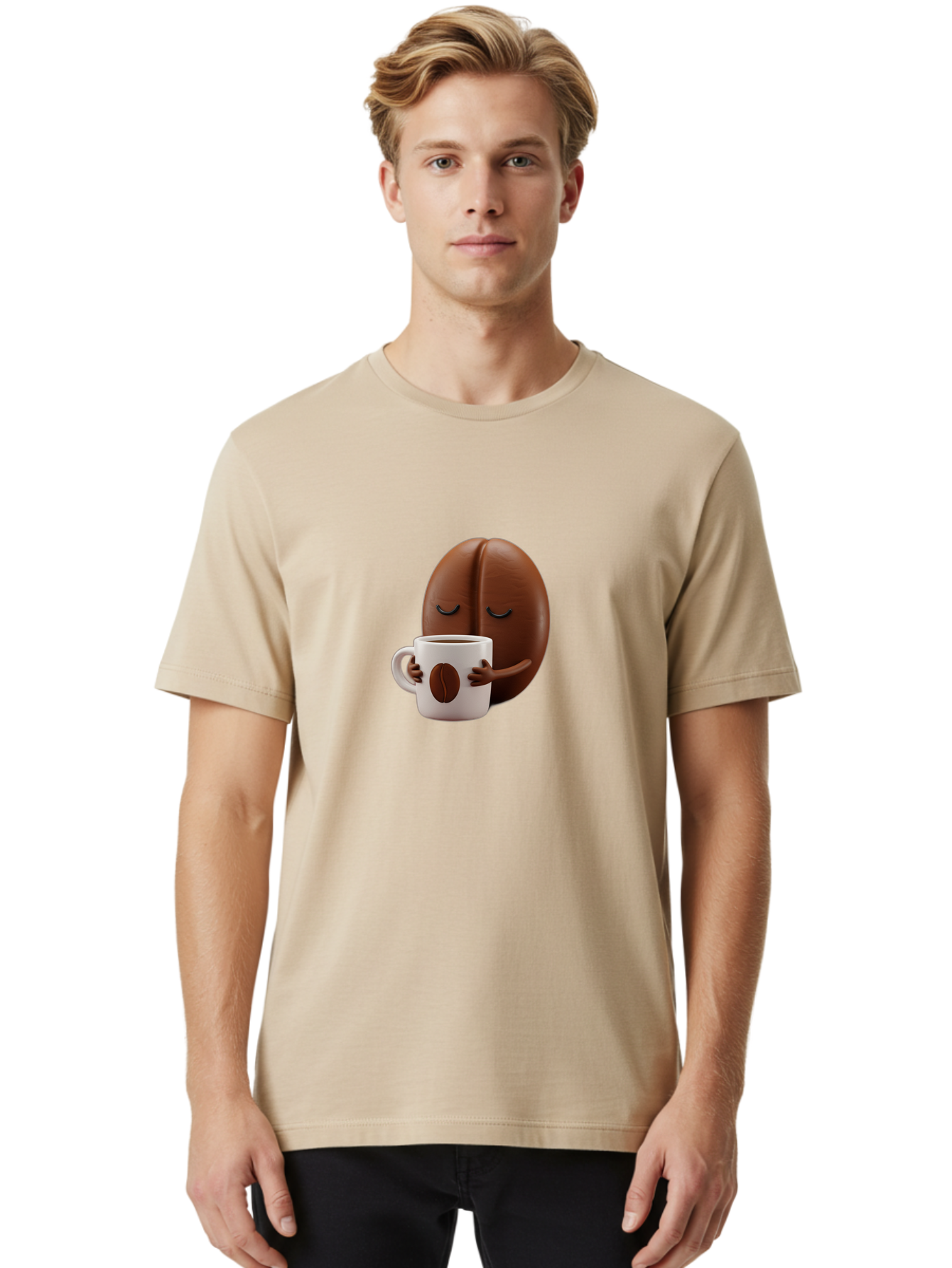 Coffee-Bean-Character-2 Men'S Graphic Tee, 100% Cotton, Comfortable Casual Summer Wear, Machine Washable, Cartoon Coffee Bean, Coffee Mug, Relaxed Atmosphere, Happy Character, Coffee Break, Morning Coffee, Caffeine Boost, Coffee Lover, Bab774