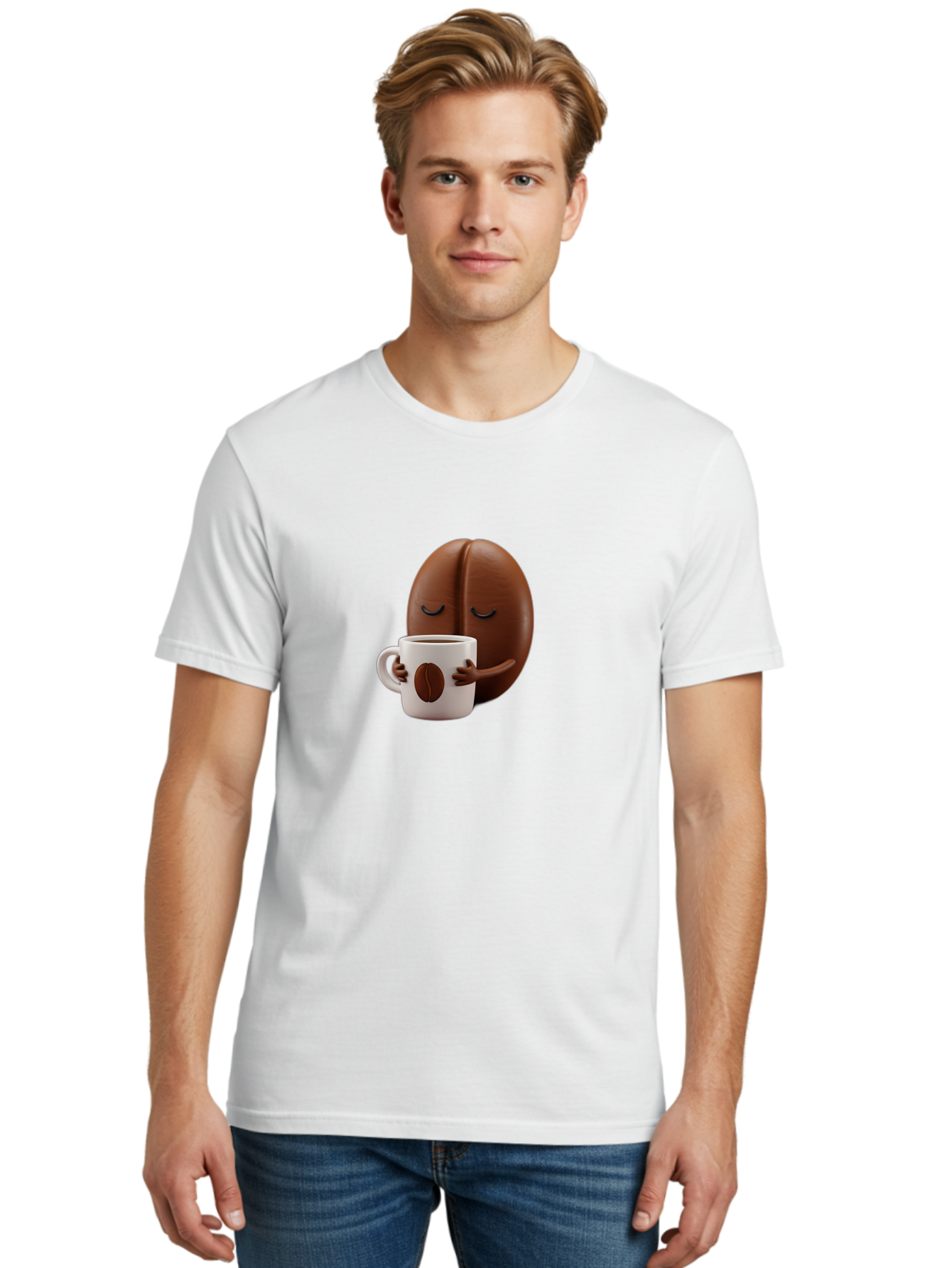 Coffee-Bean-Character-2 Men'S Graphic Tee, 100% Cotton, Comfortable Casual Summer Wear, Machine Washable, Cartoon Coffee Bean, Coffee Mug, Relaxed Atmosphere, Happy Character, Coffee Break, Morning Coffee, Caffeine Boost, Coffee Lover, Bab774