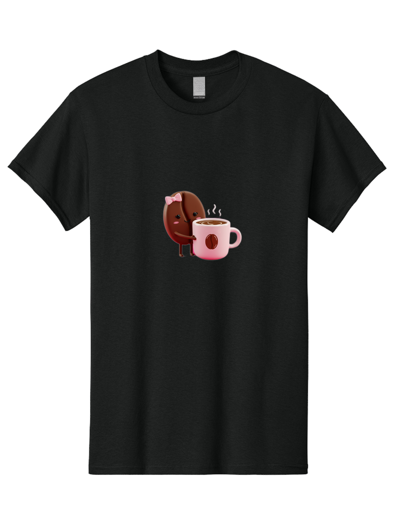 Coffee-Bean-Character-3 Men'S Graphic Tee, 100% Cotton, Comfortable Casual Summer Wear, Machine Washable, Cartoon Coffee Bean, Pink Bow, Coffee Mug, Hot Coffee, Adorable Character, Steaming Coffee, Coffee Lover, Cute Illustration, Bab775