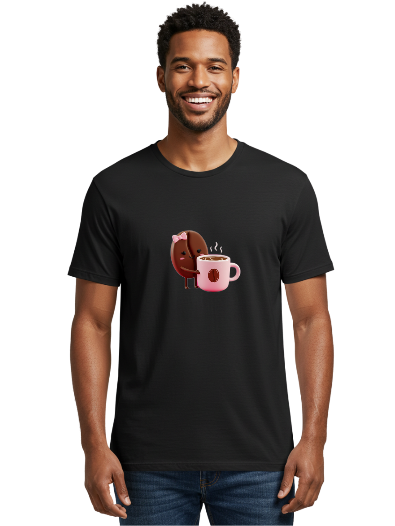 Coffee-Bean-Character-3 Men'S Graphic Tee, 100% Cotton, Comfortable Casual Summer Wear, Machine Washable, Cartoon Coffee Bean, Pink Bow, Coffee Mug, Hot Coffee, Adorable Character, Steaming Coffee, Coffee Lover, Cute Illustration, Bab775